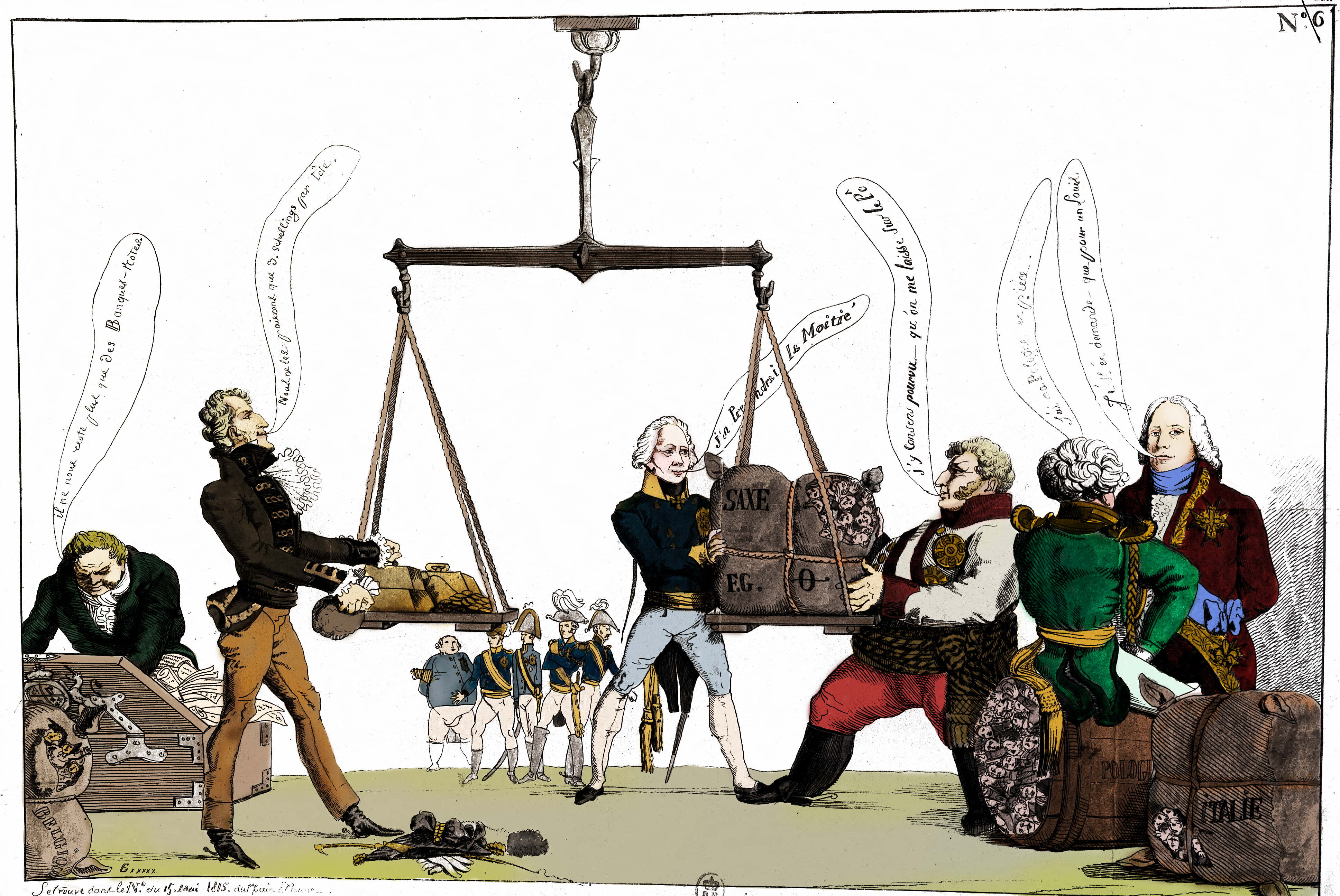 Vignetta satirica dell'epoca, che raffigura i potenti riuniti a Vienna, per decidere il destino politico dell'Europa