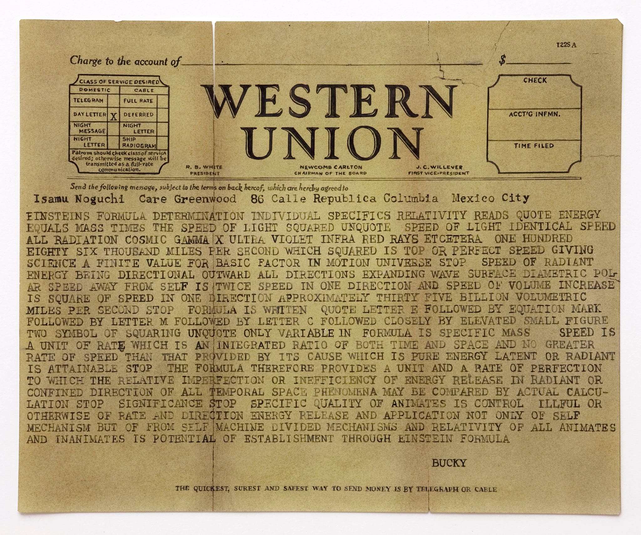 Elisabetta Benassi - Telegram from Buckminster Fuller to Isamo Noguchi explaining Einstein's Theory of Relativity - disegno su carta - cm 17 x 21 - MAMbo, Collezione permanente. Foto Matteo Monti