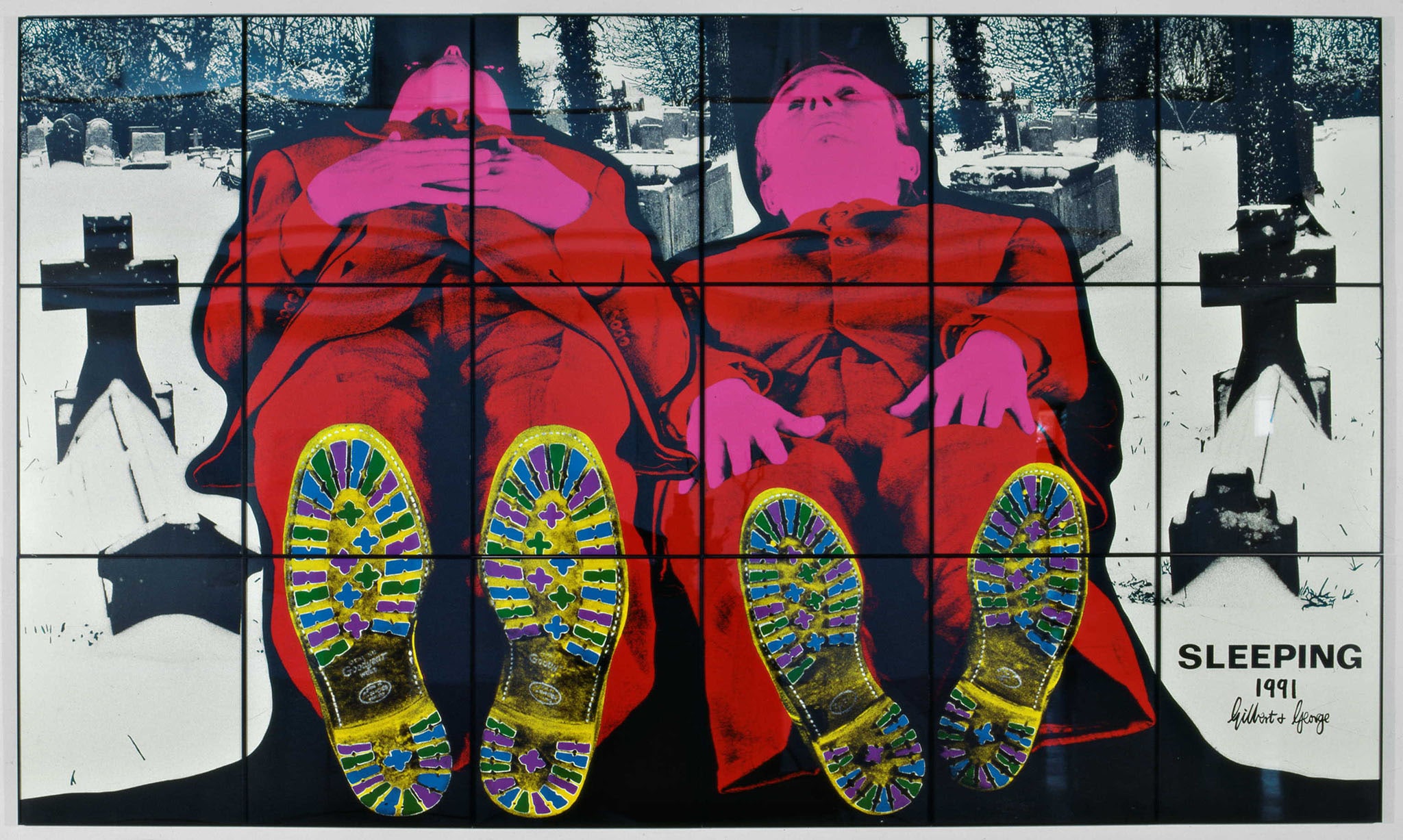 Gilbert & George - Sleeping, 1991 - n. 18 fotografie colorate a mano, montate su masonite in cornici metalliche - cm 253 x 426 - MAMbo, Collezione permanente. Foto Matteo Monti 