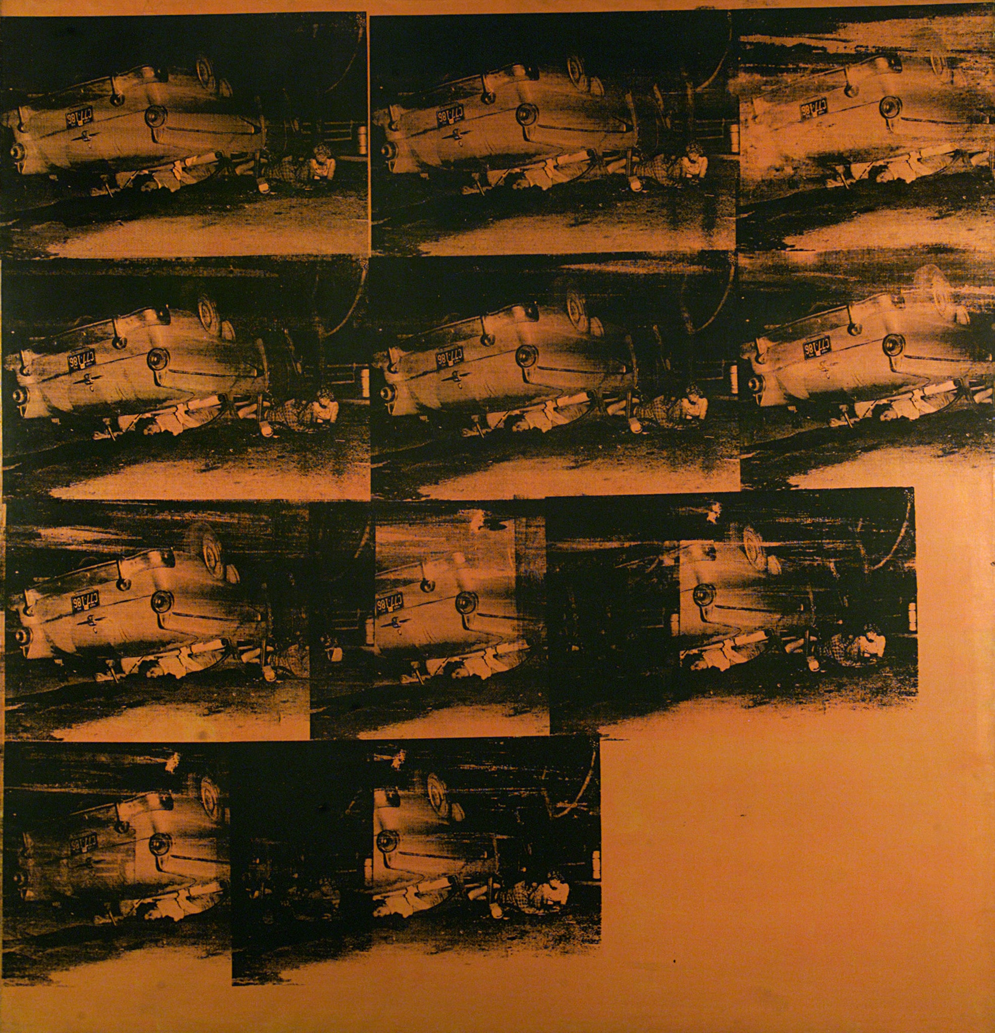 Andy Warhol - Orange Car Crash (Orange Disaster) (5 Death 1 Times in Orange), 1963 - serigrafia su acrilico su tela, cm 209 x 219 - GAM - Galleria Civica d'Arte Moderna e Contemporanea, Torino