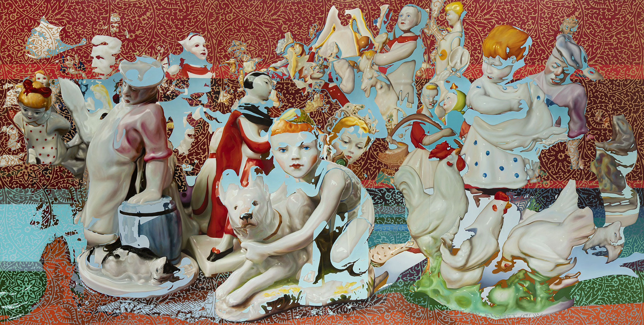  Rafael Megall, "The Shelves of Kaspar Utz" , 2020. Olio e acrilico su tela, trittico 260 x 510 cm (260 x 170 cm ciascuno)