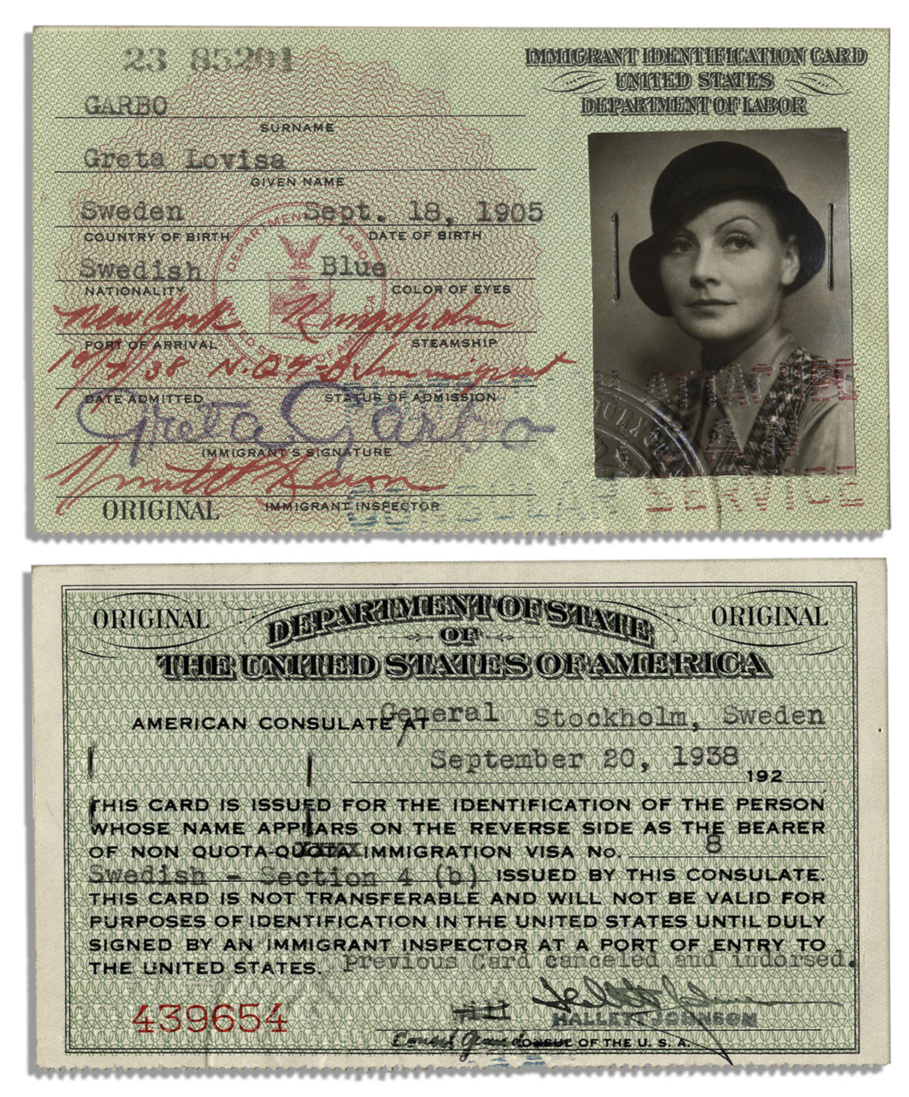 La Carta d'immigrazione con cui Greta Garbo entrò negli Stati Uniti