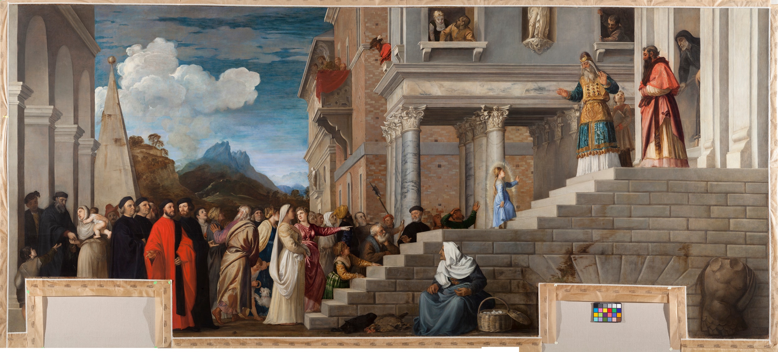 Tiziano Vecellio, Presentazione di Maria al Tempio, 1534 - 1538 ca. - Tela, cm 335 x 775 - Provenienza: realizzato appositamente per questa sala, in origine, Sala dell’Albergo della Scuola Grande della Carità, luogo di riunione dei membri più autorevoli e di custodia dei documenti e delle reliquie più importanti della confraternita. - Sala XXIV