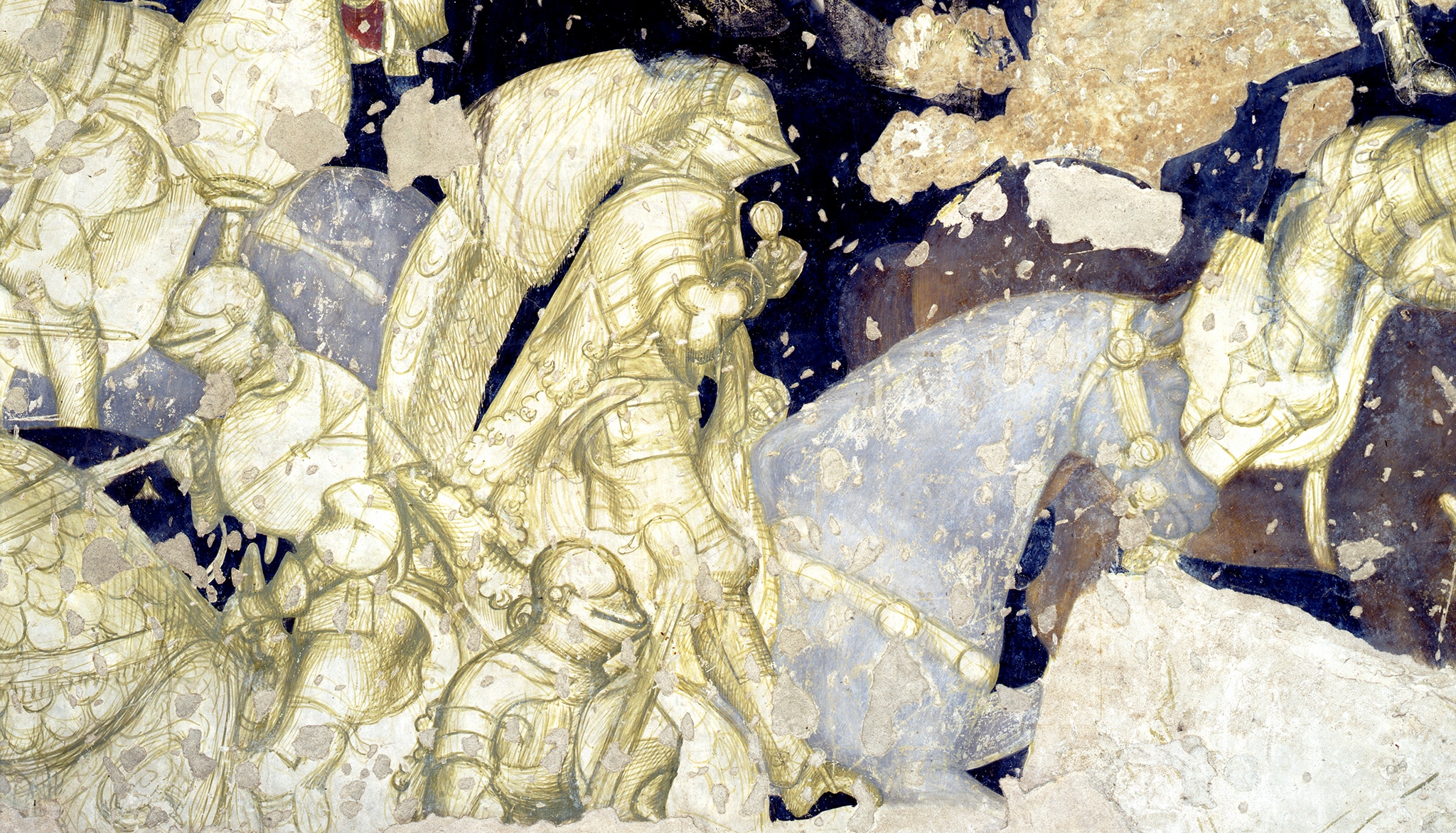 Pisanello (dett. affresco). Il ciclo, realizzato a tecnica mista (affresco, tempera, pastiglia, applicazioni in oro e argento), raggiunge un livello di dettagli e resa complessiva senza precedenti. Ritrovato intorno al 1963-64, l'affresco fu staccato e riportato su tela.