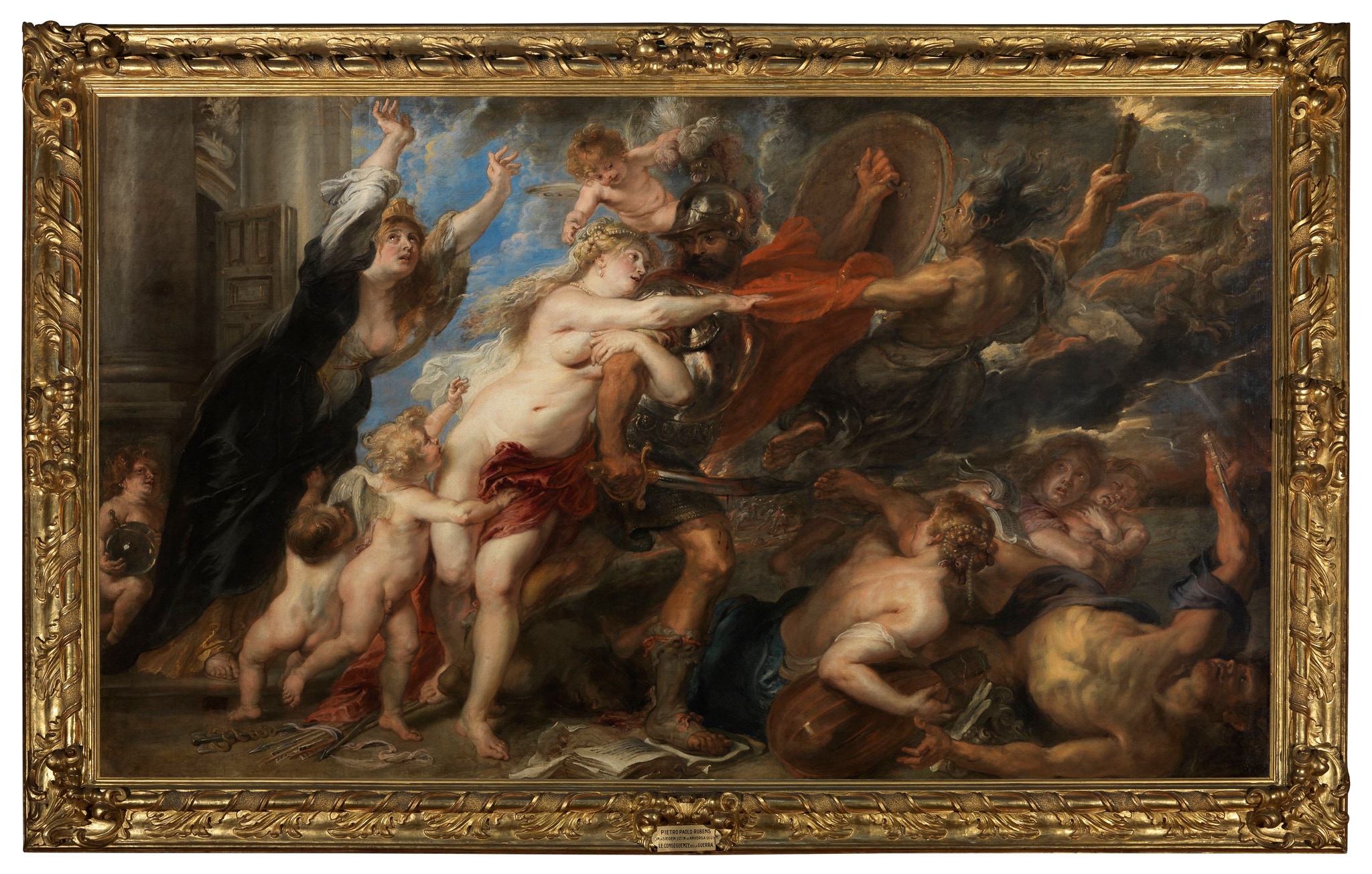Rubens, Le conseguenze della guerra, 1637-1638 ca., olio su tela, 206x305cm. Conservato nella Galleria Palatina, il soggetto mitologico allegorico nasce dalle riflessioni maturate dall'artista durante la Guerra dei Trent'anni. Il quadro, completa un percorso iniziato con l'Allegoria della Pace, dipinta da Rubens nel 1630 per Carlo I d'Inghilterra.
