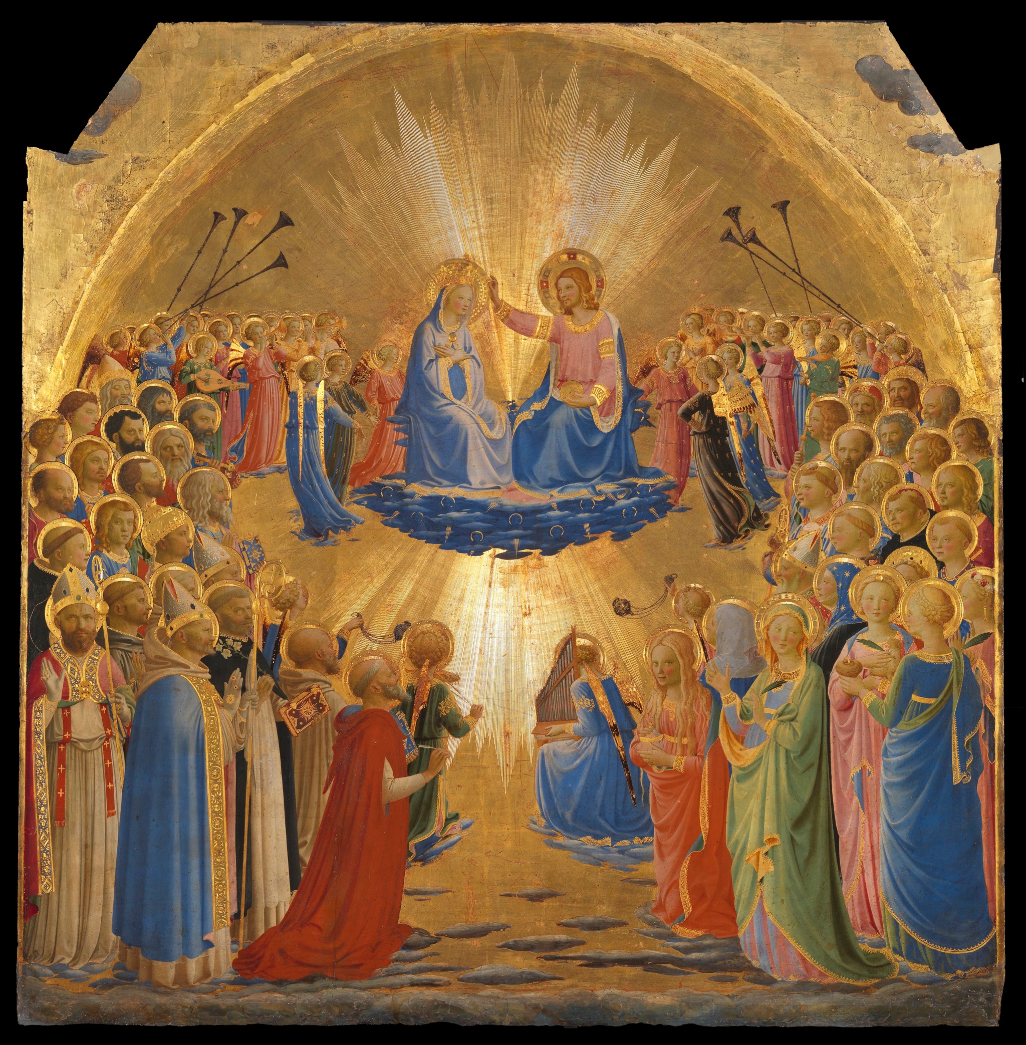 Beato Angelico, Incoronazione della Vergine, 1432 ca., tempera su tavola, 112x114cm. Vasari ricorda la tavola nella chiesa di Sant'Egidio; l'opera, in origine aveva una predella con due pannelli (Sposalizio ed Esequie della Vergine), oggi al Museo di San Marco. La struttura del dipinto e l'uso splendente dei colori sull'oro, richiama il maestro dell'Angelico, Lorenzo Monaco, autore di un'altra Incoronazione della Vergine sempre agli Uffizi.