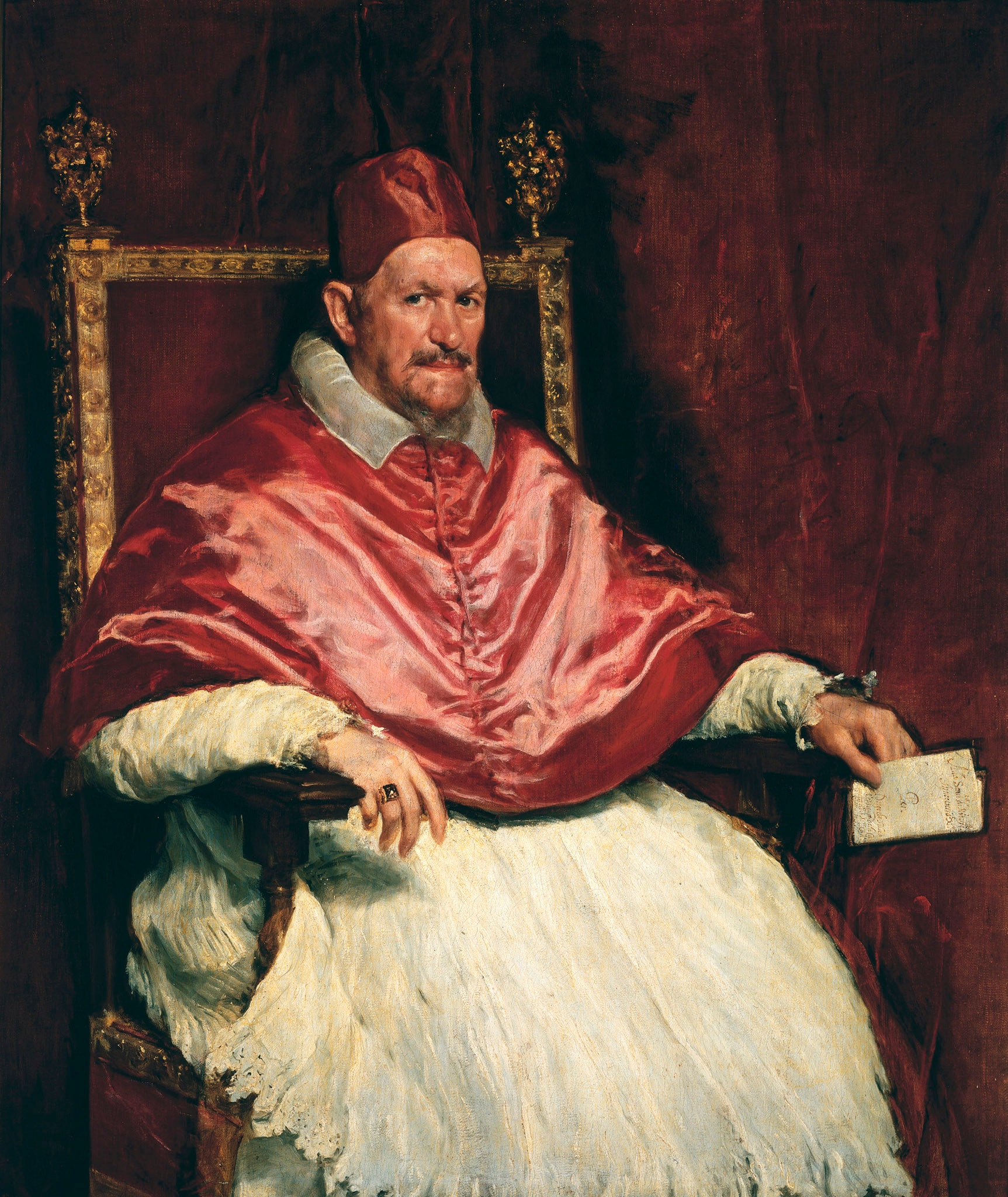 Diego Velázquez, Ritratto di papa Innocenzo X Pamphilj, 1649-1650 ca., olio su tela, 141x119cm. Il ritratto, opera dello spagnolo Velázquez (1599-1660), è il pezzo più importante della collezione. Giovanni Battista Pamphilj, papa dal 1644 al 1655, qui ritratto con un realismo psicologico senza precedenti, dopo la pace di Vestfalia (1648), si riavvicinava alla Spagna asburgica, abbandonando la linea filofrancese.