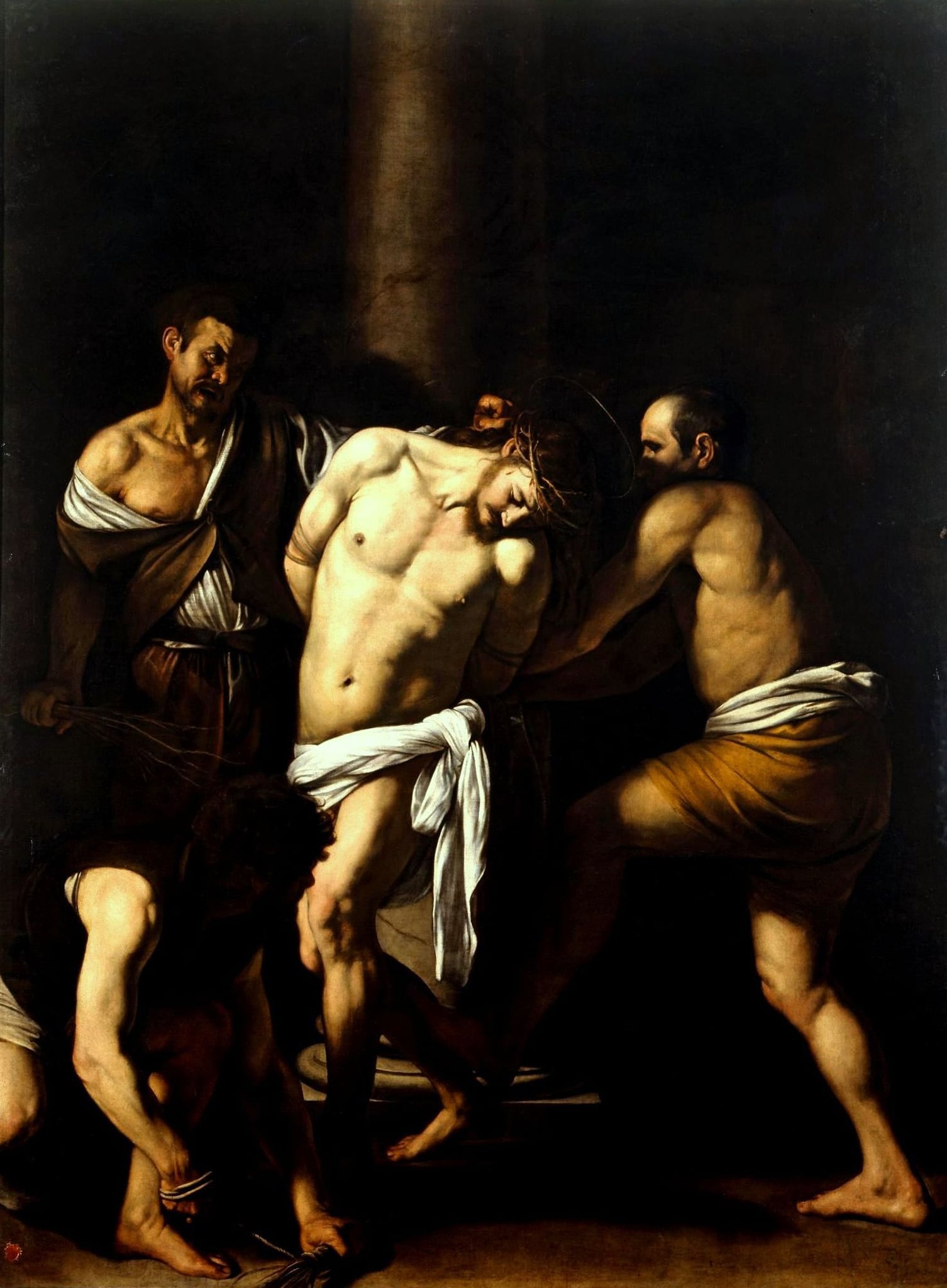 Caravaggio, Flagellazione, 1607 ca., olio su tela, 266x213cm. Il dipinto per la chiesa di San Domenico Maggiore (Napoli), presenta le possenti figure di Cristo e gli aguzzini bloccate come in un’istantanea fotografica. La luce potente, le esalta dall’oscurità quasi totale dello sfondo, indaga i dettagli e accentua la resa del dramma. Caravaggio (1571-1610) segnò uno spartiacque nella cultura figurativa napoletana, ponendo le basi per lo sviluppo di una scuola caravaggesca.