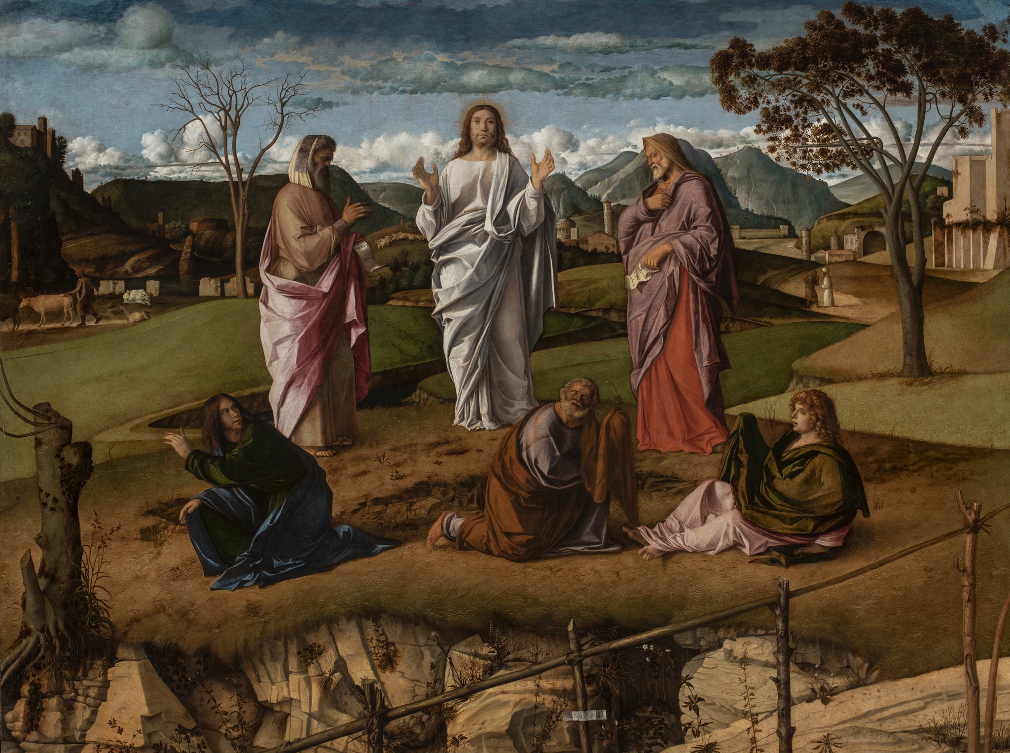 Giovanni Bellini, Trasfigurazione, 1478-79 ca., olio su tavola, 115x154cm. Recentemente restaurata, la destinazione originaria della tavola del maestro veneziano (1427 ca.-1516), era probabilmente la cappella Fioccardo, dedicata alla Trasfigurazione (duomo di Vicenza). Rimossa nel 1631, è documentata a Roma nel 1646 (palazzo Farnese) e poi a Parma (Palazzo del Giardino e Pilotta). Giunge a Napoli nel 1734 con Carlo di Borbone, erede della collezione Farnese.