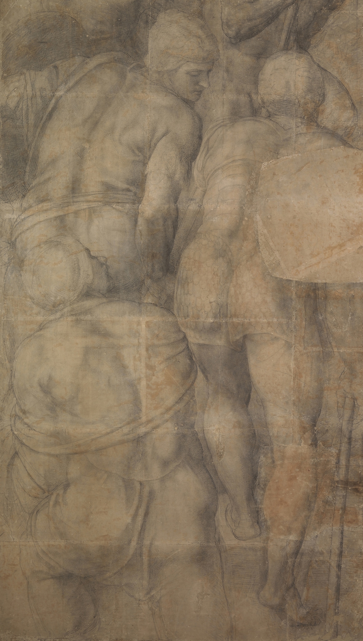 Michelangelo Buonarroti, Gruppo di armigeri, 1546-50 ca., carboncino su 19 fogli di carta reale bolognese, 2630x1560mm. Raro disegno preparatorio per l’affresco della Crocifissione di San Pietro (Cappella Paolina, Vaticano), appartenente a uno dei soli due cartoni rimasti di Michelangelo (1475-1564). Gli armigeri, è giunto a Capodimonte nel '700, con la Collezione Farnese ereditata da Carlo III.