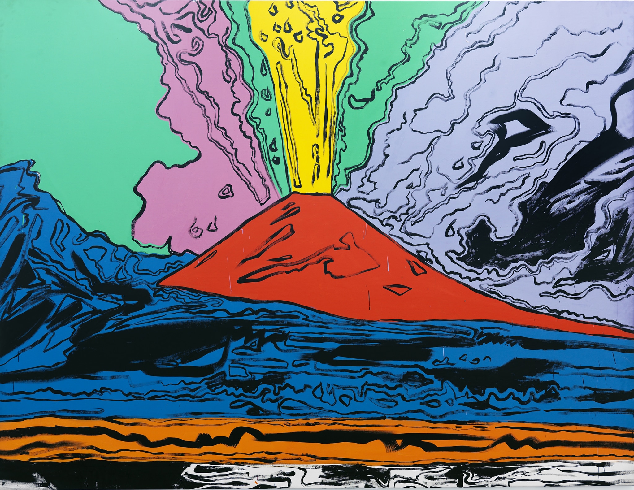 Andy Warhol, Vesuvius, 1985, acrilico su tela, 230x300cm. Opera iconica di Warhol (1928-1987), il Vesuvio reso con colori vivaci viene colto durante un'eruzione, episodio nefasto ma anche foriero di rinascita. L'artista ebbe modo di conoscere Napoli e la sua tradizione di Vedutismo, fin dal 1976, nel corso di numerosi soggiorni su invito del gallerista Lucio Amelio. 