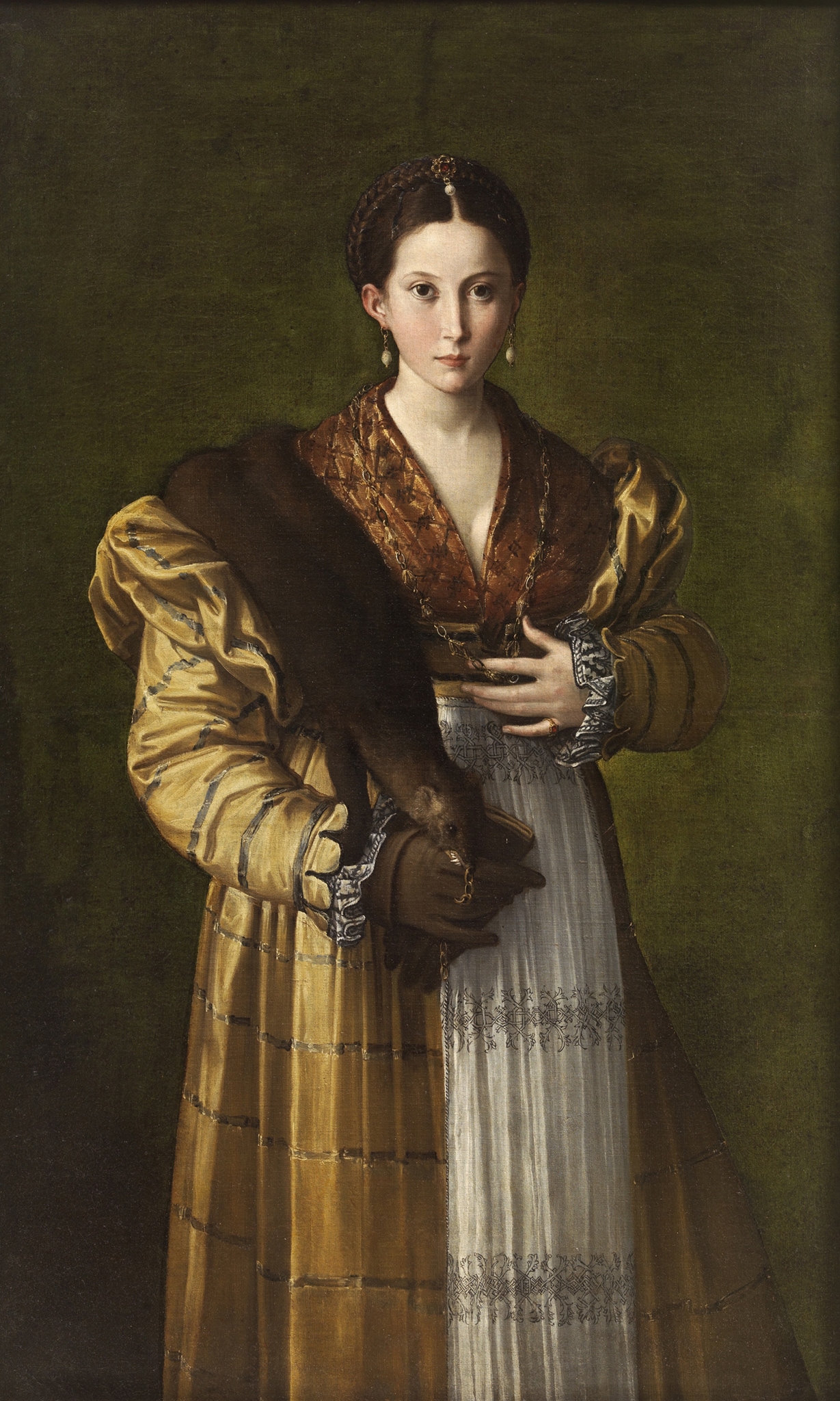 Parmigianino, Antea, 1530 ca., olio su tela, 136x86cm. La giovane donna ritratta era stata riconosciuta come Antea, cortigiana amata da Parmigianino (1503-1540) al tempo del soggiorno romano (1524-27). La giovane, elegante ed enigmatica, in abbigliamento aristocratico e ricercato, apparentemente ferma, viene colta nell’atto di girarsi, come suggerisce la manica destra ingrandita in primo piano.