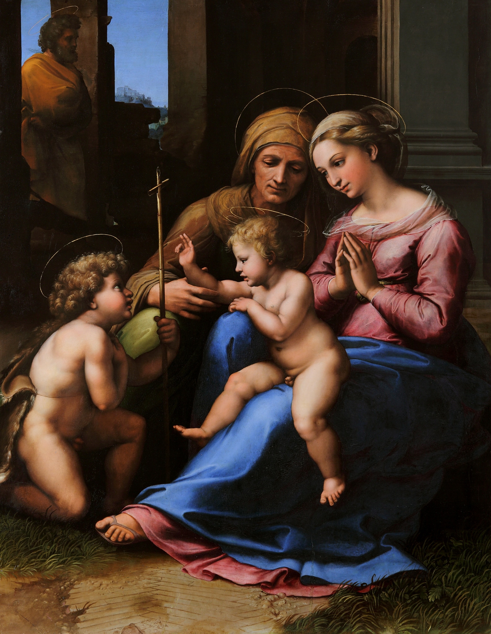 Raffaello Sanzio e aiuti, Madonna del Divino Amore, 1516 ca., olio su tavola, 140x109cm. Il dipinto, in passato considerato uno dei più preziosi della collezione Farnese, fu declassato a fine '800 come opera di bottega; solo dopo un accurato restauro, ha rivelato la mano di Raffaello (1483-1520). Acquistato dal cardinale Alessandro Farnese nel 1565, fu poi trasferito a Parma e nel 1734 giunse a Napoli con Carlo III.