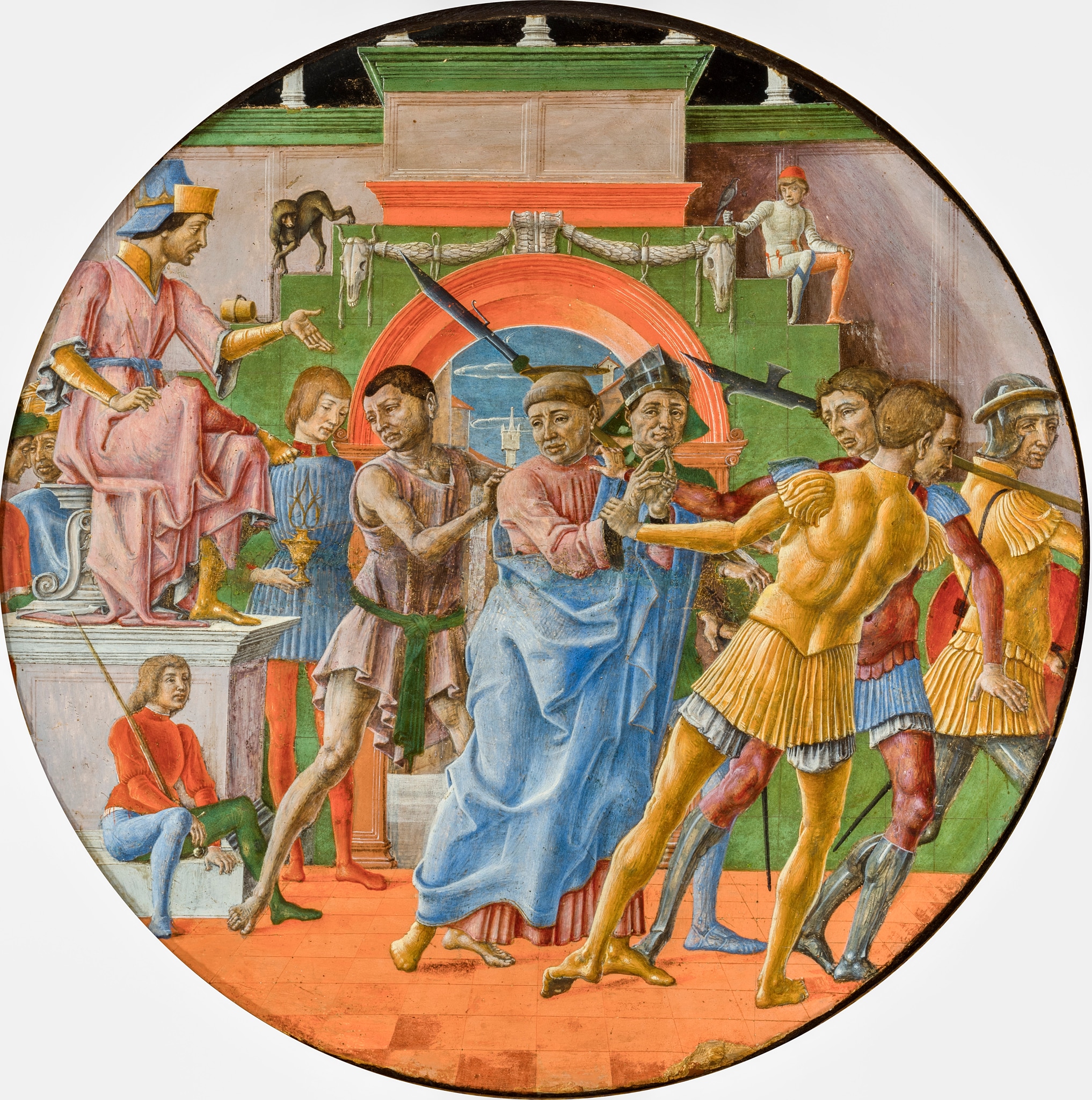 Cosmè Tura (Ferrara, 1433 ca.–1495), Giudizio di san Maurelio, 1480 ca., olio su tavola, diam. cm 48. Assieme al tondo raffigurante il Martirio del santo, il Giudizio è fra le prime opere giunte nelle raccolte della Pinacoteca. È tutto quanto rimane di un polittico posto sull’altare dedicato a san Maurelio, primo vescovo e compatrono di Ferrara, nell’antica basilica di San Giorgio. L’altare fu forse commissionato a Tura da Nicolò Roverella, priore del monastero olivetano di San Giorgio, nel corso del rinnovamento della chiesa, che nel 1479 fu dedicata anche ai santi Maurelio e Lorenzo. Dalla chiesa di San Giorgio a Ferrara; collezione Zafferini; Palazzo Municipale di Ferrara dal 1817; in Pinacoteca dal 1836.