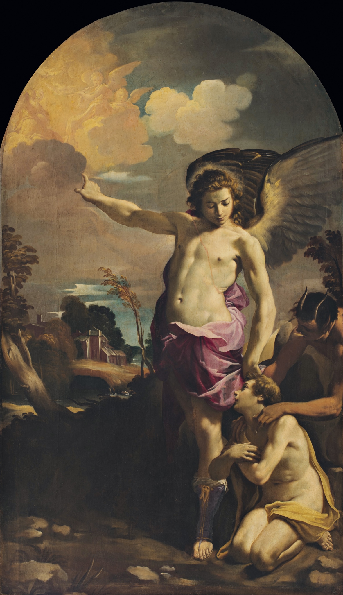 Carlo Bononi (Ferrara?, 1569/1580? – Ferrara, 1632), Angelo custode, 1625 ca., olio su tela, cm 240 x 140. Questa pala d’altare è sempre stata ammirata come una delle più belle creazioni di Bononi e come tale celebrata nelle antiche guide di Ferrara. Il tema dell’Angelo custode si stava affermando a seguito della Controriforma cattolica, e qui lo vediamo interpretato come eroica figura maschile che indica le glorie celesti a un giovane inginocchiato, proteggendolo dalle insidie del demonio. Lo sfondo è un tipico squarcio di paesaggio alla ferrarese, dal colore a macchia e dagli accesi contrasti luministici. Dalla chiesa di Sant’Andrea a Ferrara; in Pinacoteca dal 1863.