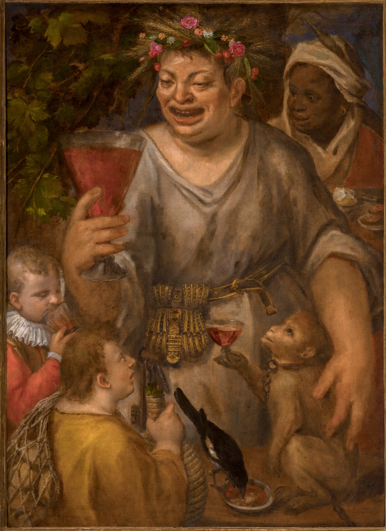 Bastianino (Sebastiano Filippi, Ferrara, 1528 ca.–1602), Allegoria con Bacco, 1560-80 ca., olio su tela, cm 165 x 127. Ultimo dipinto acquistato dalla Fondazione Carife e come gli altri della collezione, lasciato in deposito alla Pinacoteca. Bastianino, fu più volte impiegato dalla corte estense per opere di decorazione delle residenze ducali. La gaudente figura di Bacco incoronato di fiori e spighe sembra indurre uomini e animali a imitarla. Simboli di lussuria sono la scimmia e la serva nera, mentre la loquace gazza ricorda il potere del vino di sciogliere la lingua. Da una collezione privata belga; acquistato dalla Fondazione Cassa di Risparmio di Ferrara nel 2008; di proprietà della Fondazione Estense, in deposito presso la Pinacoteca.