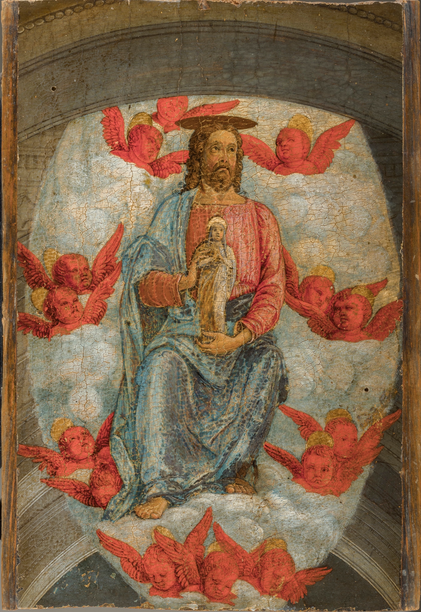 Andrea Mantegna (Isola di Carturo, Padova, 1430 ca. – Mantova, 1506), Cristo con l’animula della Vergine, 1460-64 ca., tempera su tavola, cm 28 x 18. Giunto in Pinacoteca con la collezione Vendeghini, il dipinto costituiva in origine la parte superiore della Morte della Vergine oggi al Prado di Madrid. L’immagine di Cristo fra nubi e cherubini che accoglie in paradiso l’anima della madre completa infatti quella della Madonna giacente compianta dagli apostoli, secondo una particolare iconografia dell’Assunzione della Vergine piuttosto diffusa in area veneta (si veda, Morte della Vergine di Carpaccio). Forse nella cappella del castello di San Giorgio a Mantova, l'opera fu donata alla Pinacoteca nel 1973.