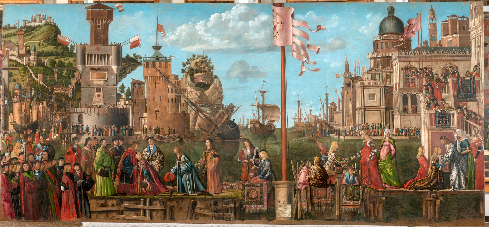Vittore Carpaccio, Ciclo di Sant’Orsola, Incontro dei fidanzati e partenza dei pellegrini, tela, cm 279 x 610 