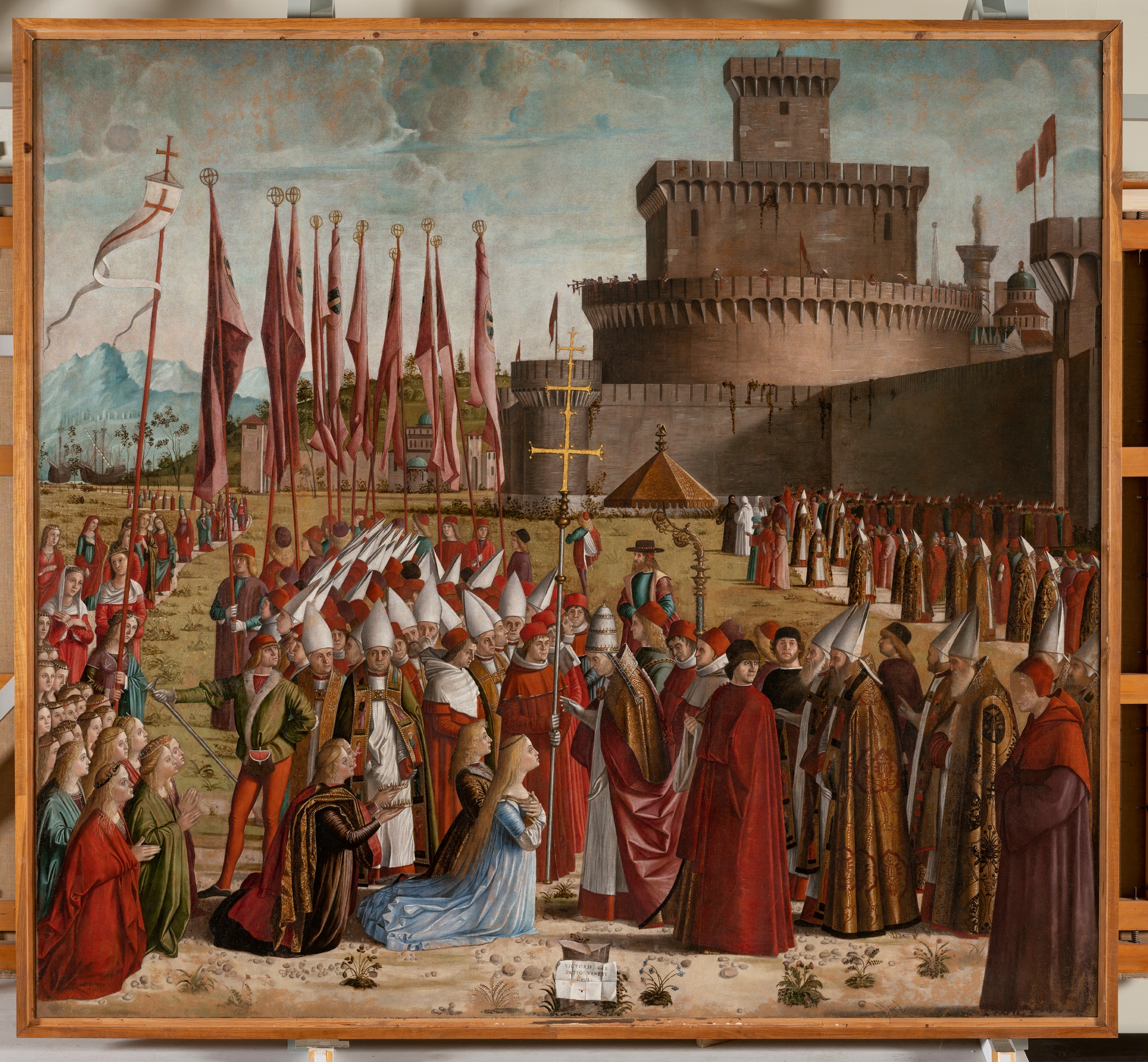 Vittore Carpaccio, Ciclo di Sant’Orsola, Incontro dei pellegrini con il papa Ciriaco sotto le mura di Roma, tela, cm 279 x 305 