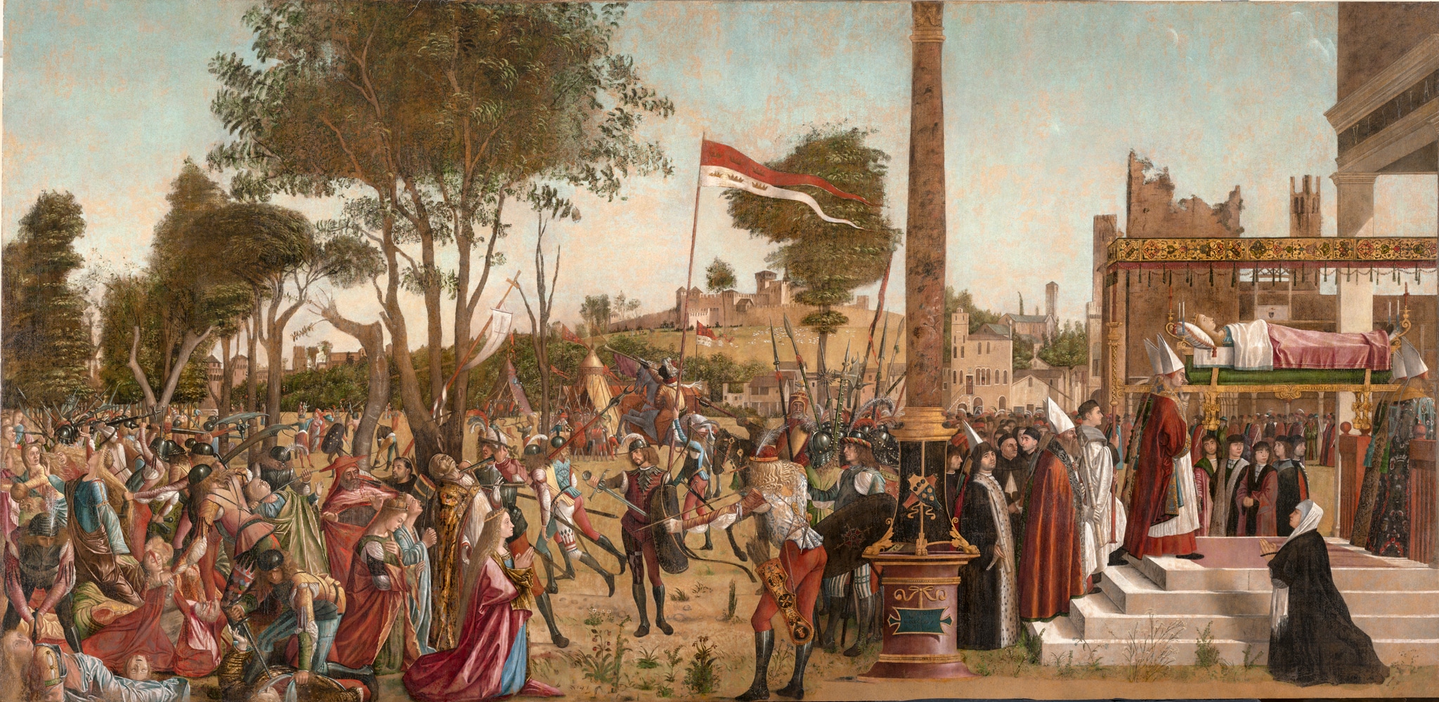 Vittore Carpaccio, Ciclo di Sant’Orsola, Martirio dei pellegrini e i funerali di Sant'Orsola, tela, cm 271 x 560 