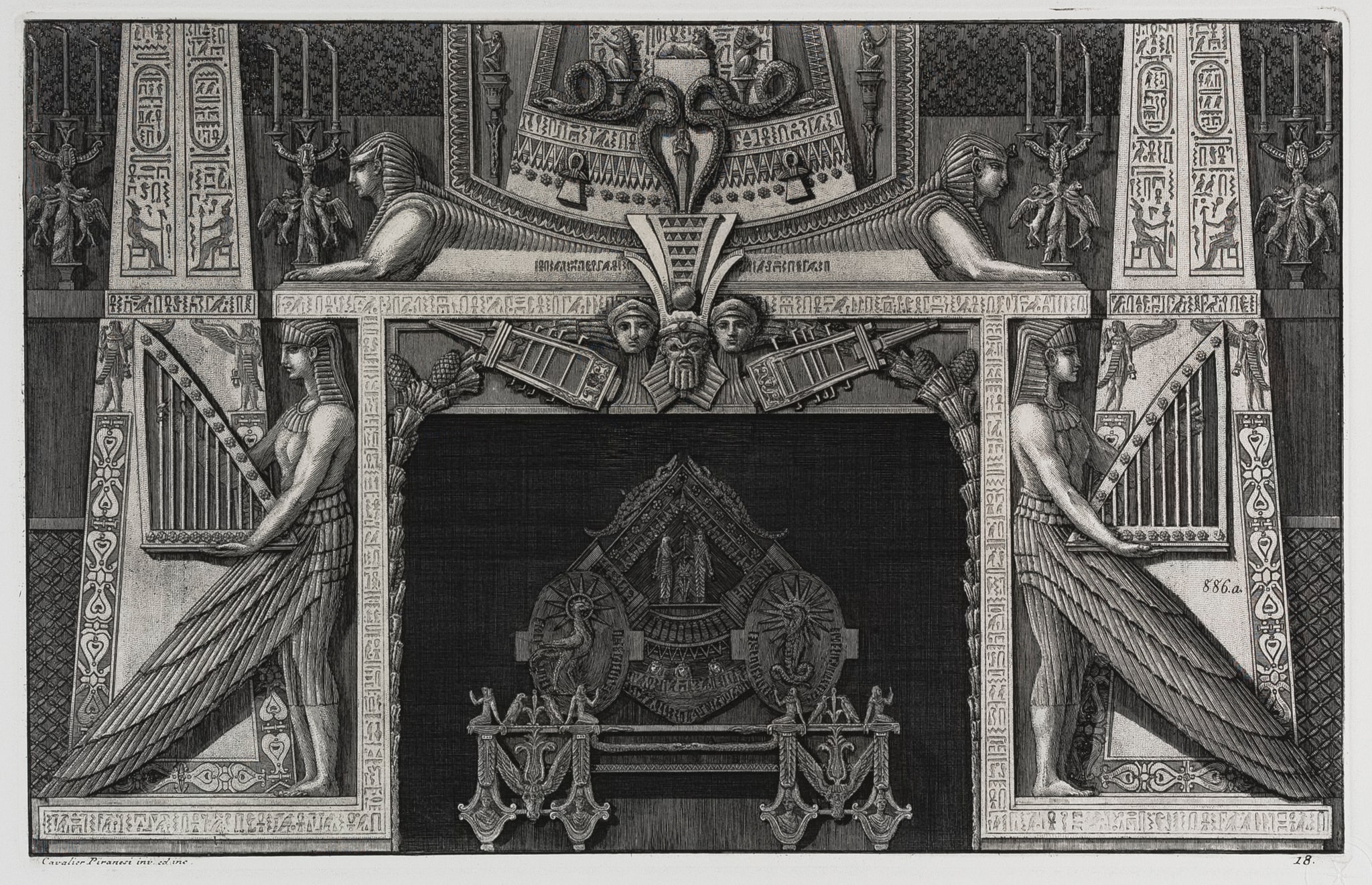 Giambattista Piranesi, Camino egizio con due grandi figure che suonano l'arpa nei montanti, Acquaforte su rame con interventi a bulino (1767-1769)