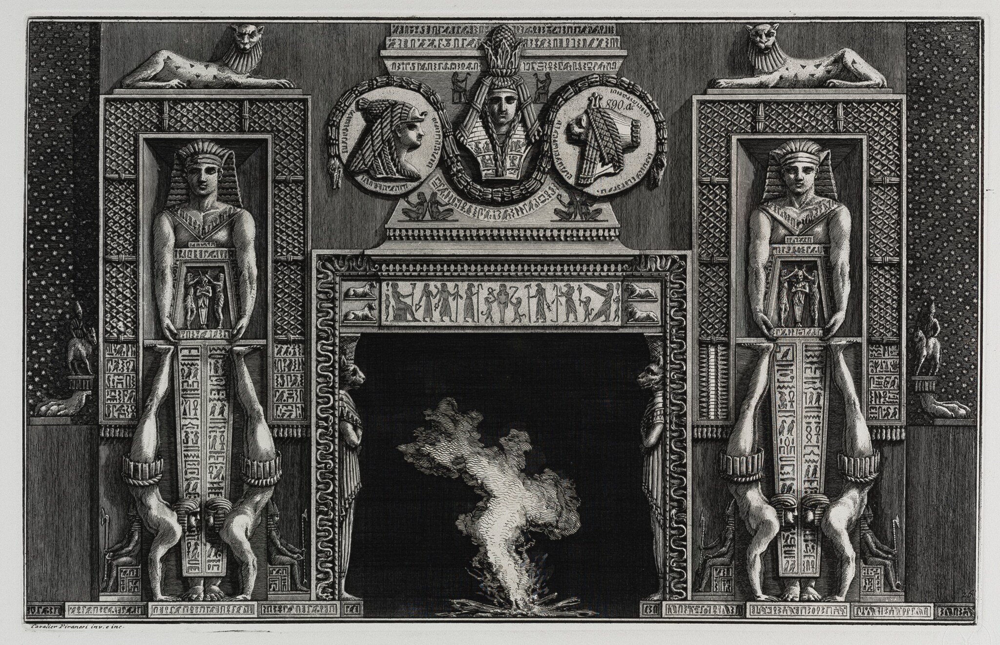 Giambattista Piranesi, Camino egizio con montanti decorati da coppie di figure rovesciate, Acquaforte su rame con interventi a bulino (1767-1769)
