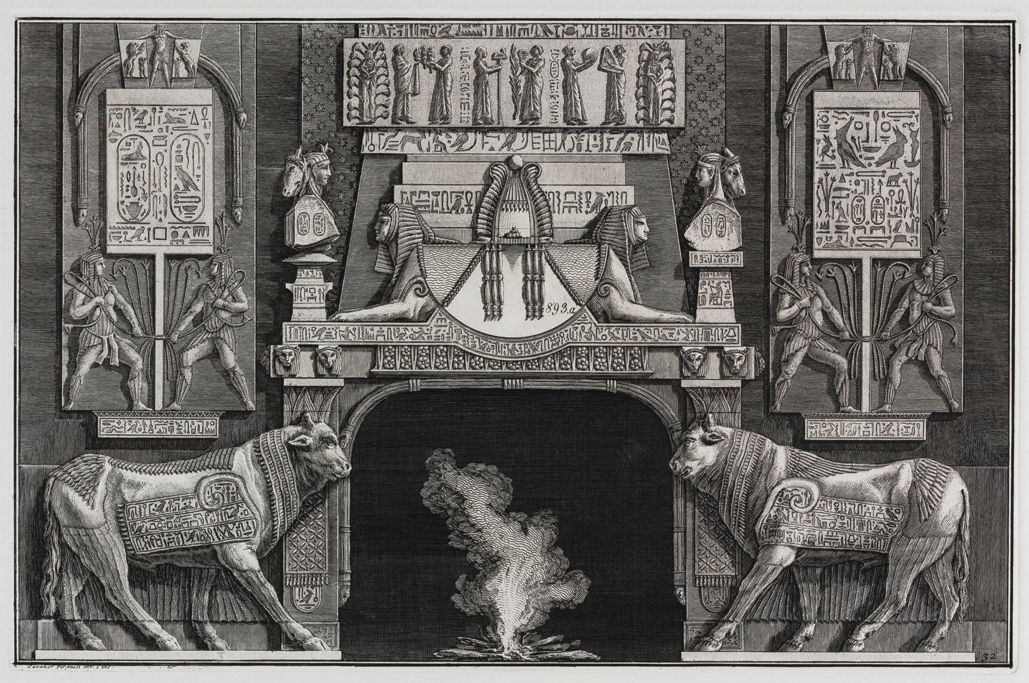 Giambattista Piranesi, Camino egizio con due buoi sacrificali sovrapposti ai montanti, Acquaforte su rame con interventi a bulino (1767-1769)