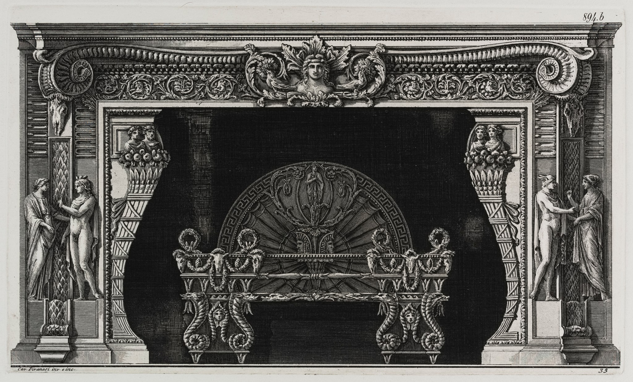 Giambattista Piranesi, Camino con montanti decorati con coppie di divinità antiche conversanti, Acquaforte su rame con interventi a bulino (1767-1769)