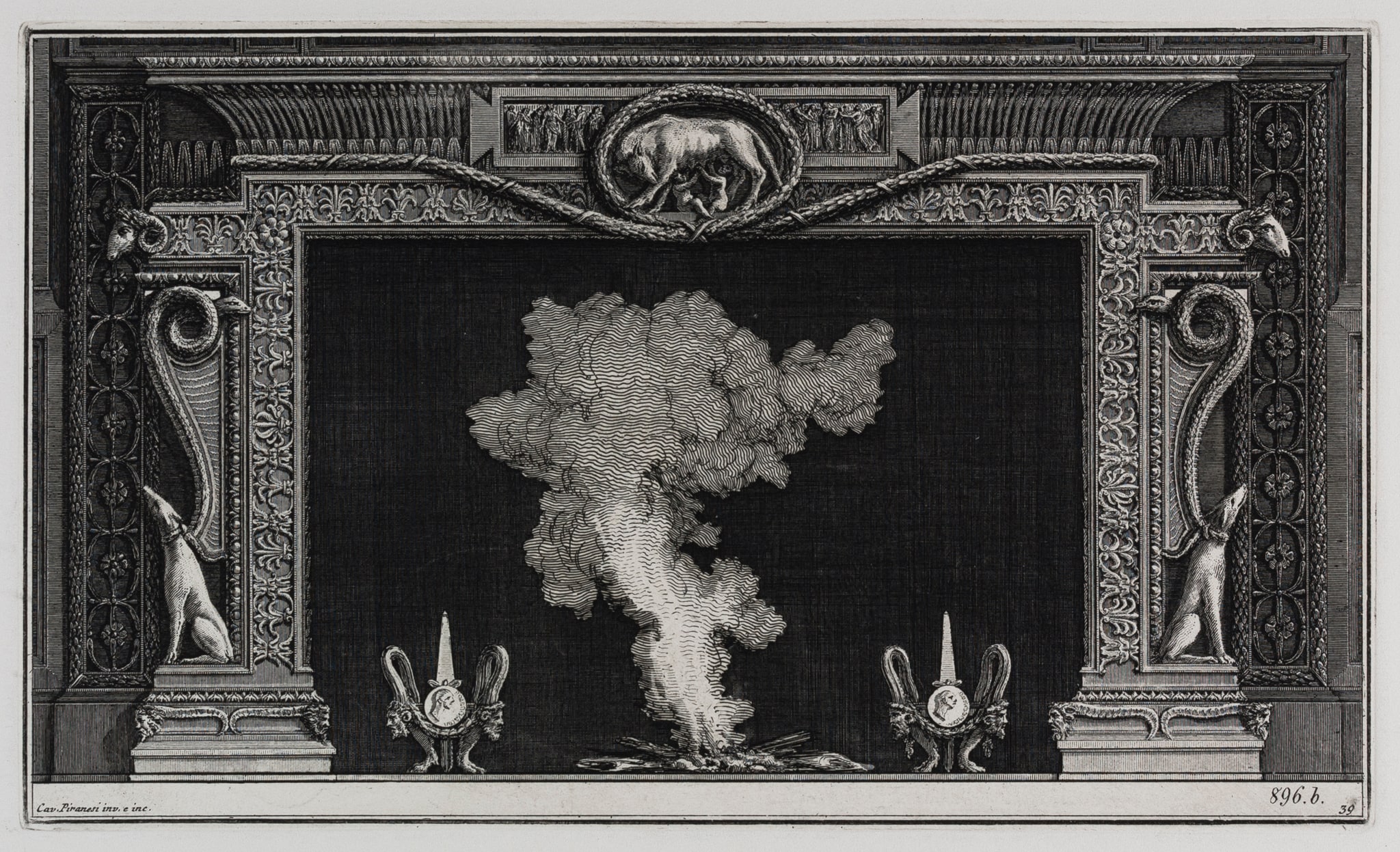 Giambattista Piranesi, Camino decorato con la lupa capitolina che allatta i Gemelli, Acquaforte su rame con interventi a bulino (1767-1769)