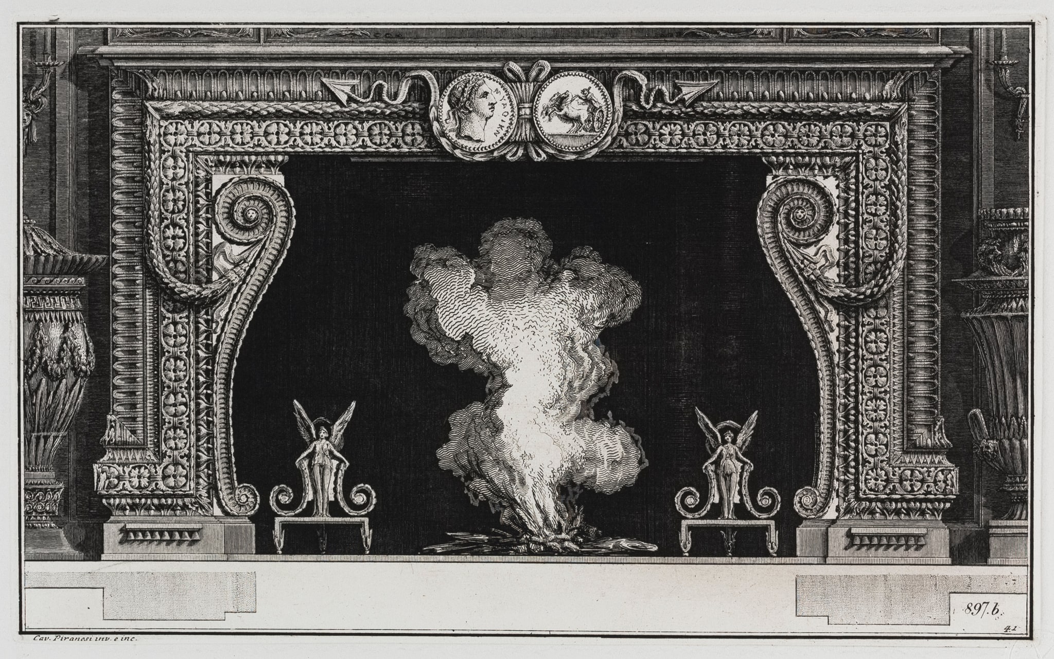 Giambattista Piranesi, Camino decorato con due medaglioni con testa imperiale e biga trionfale, Acquaforte su rame con interventi a bulino (1767-1769) 