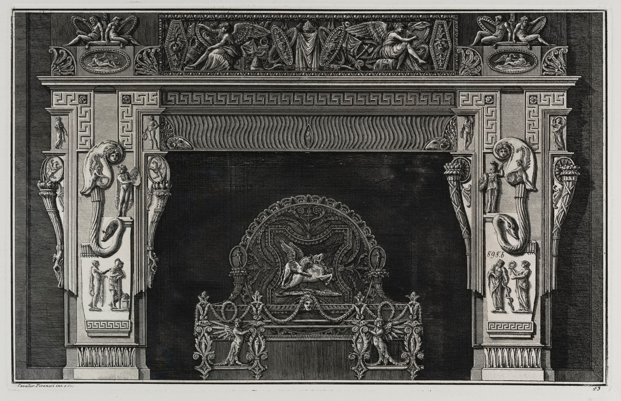 Giambattista Piranesi, Camino decorato con trofei e vittorie alate, Acquaforte su rame con interventi a bulino (1767-1769)