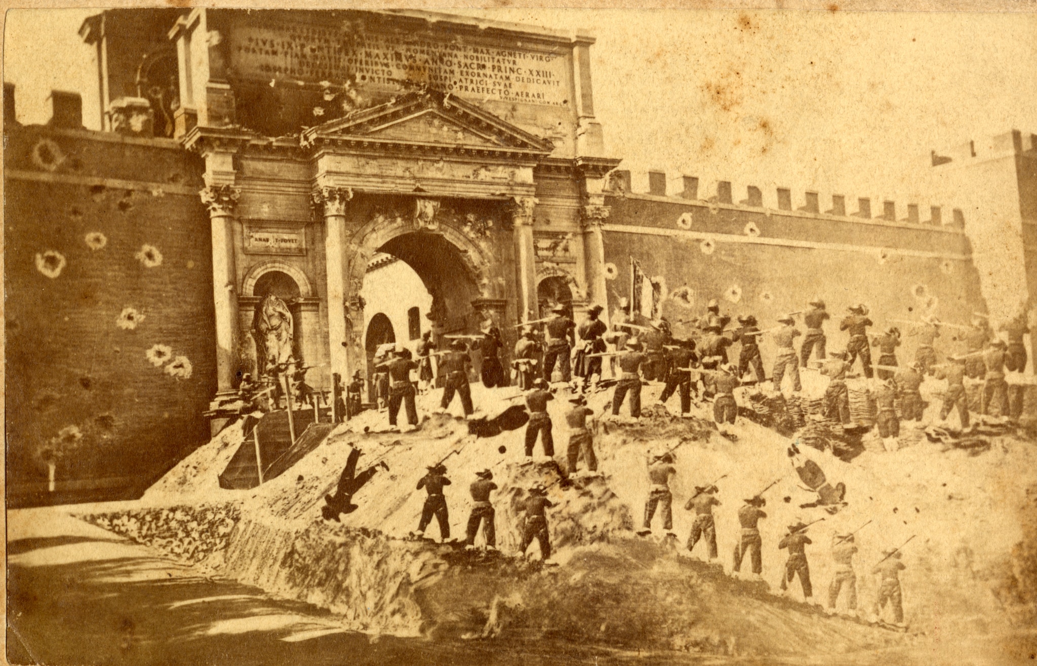 Fotomontaggio raffigurante la Breccia di Porta Pia. 1870