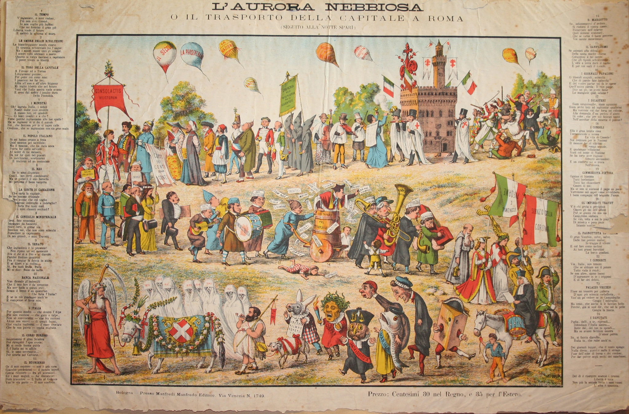 Tavola satirica raffigurante il trasporto della capitale d’Italia da Firenze a Roma. 1867-1868