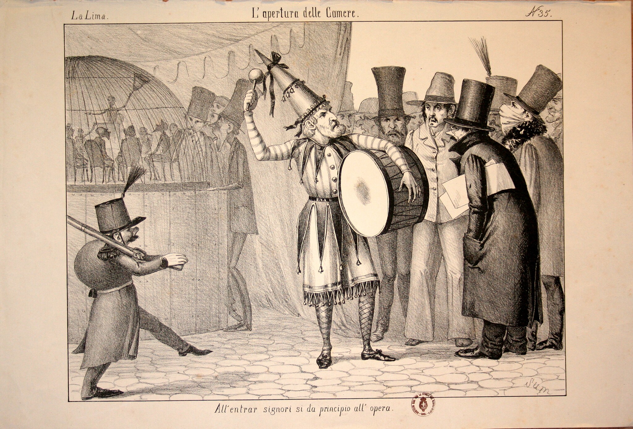Disegno satirico sull’apertura delle Camere a Roma dopo l’unità d’Italia. 1871