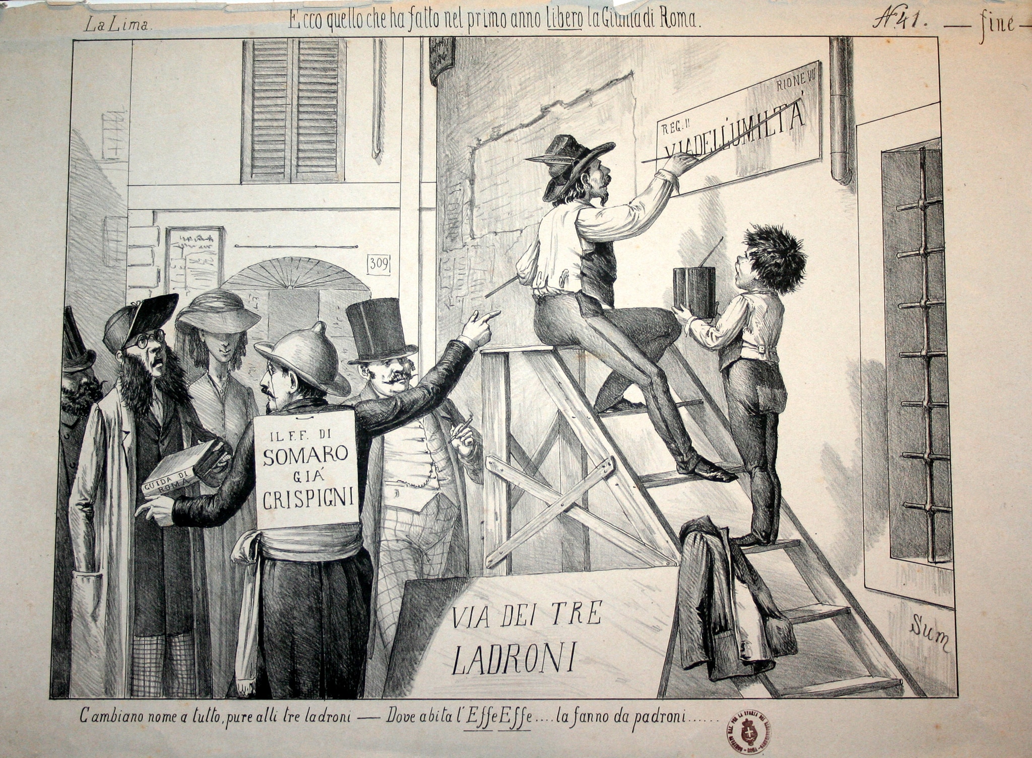 Disegno satirico sulla nuova giunta comunale di Roma dopo l’unità d’Italia. 1871