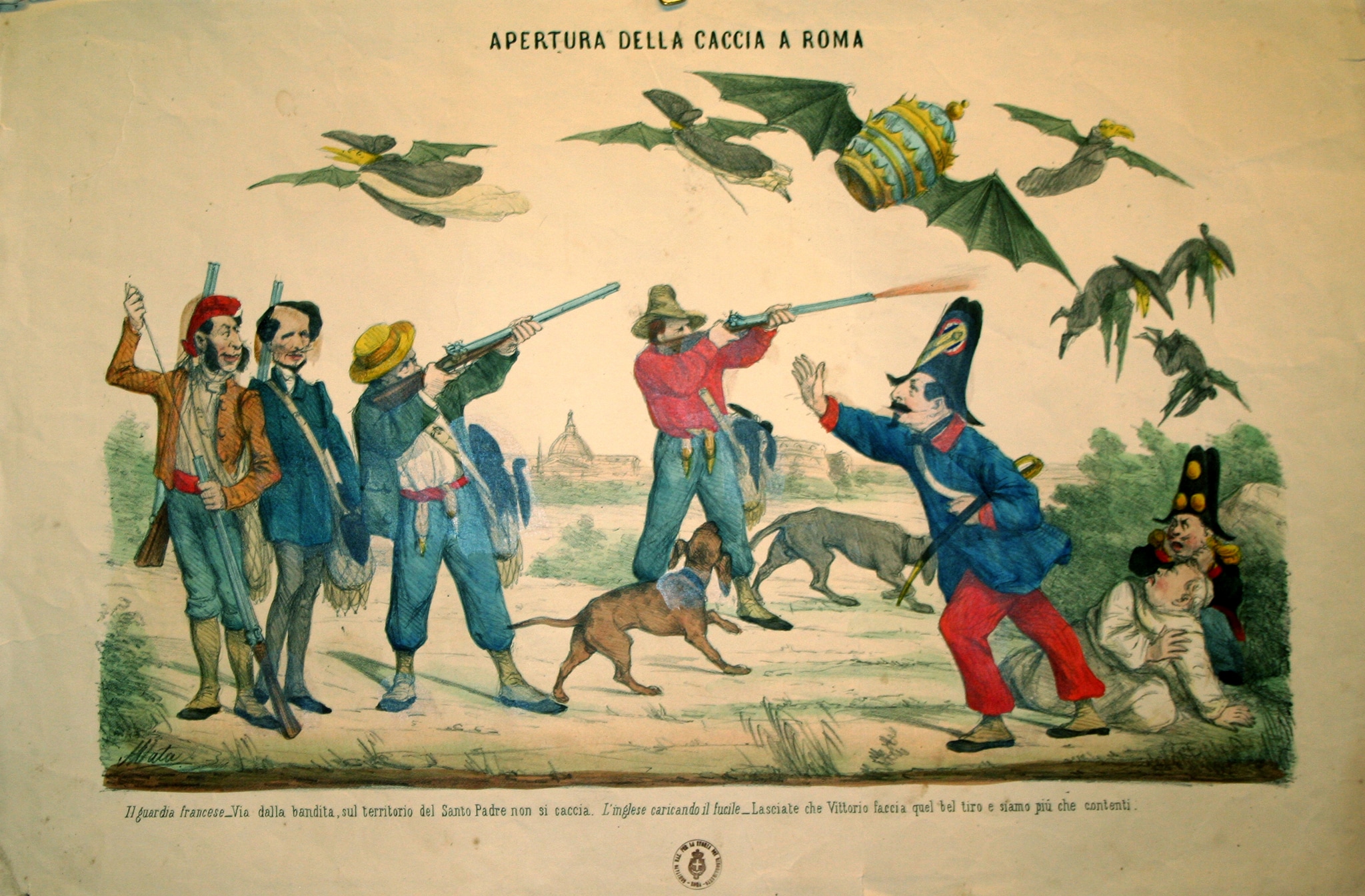 Disegno satirico sulle difficoltà di coronare il sogno di Roma Capitale. 1865-1869