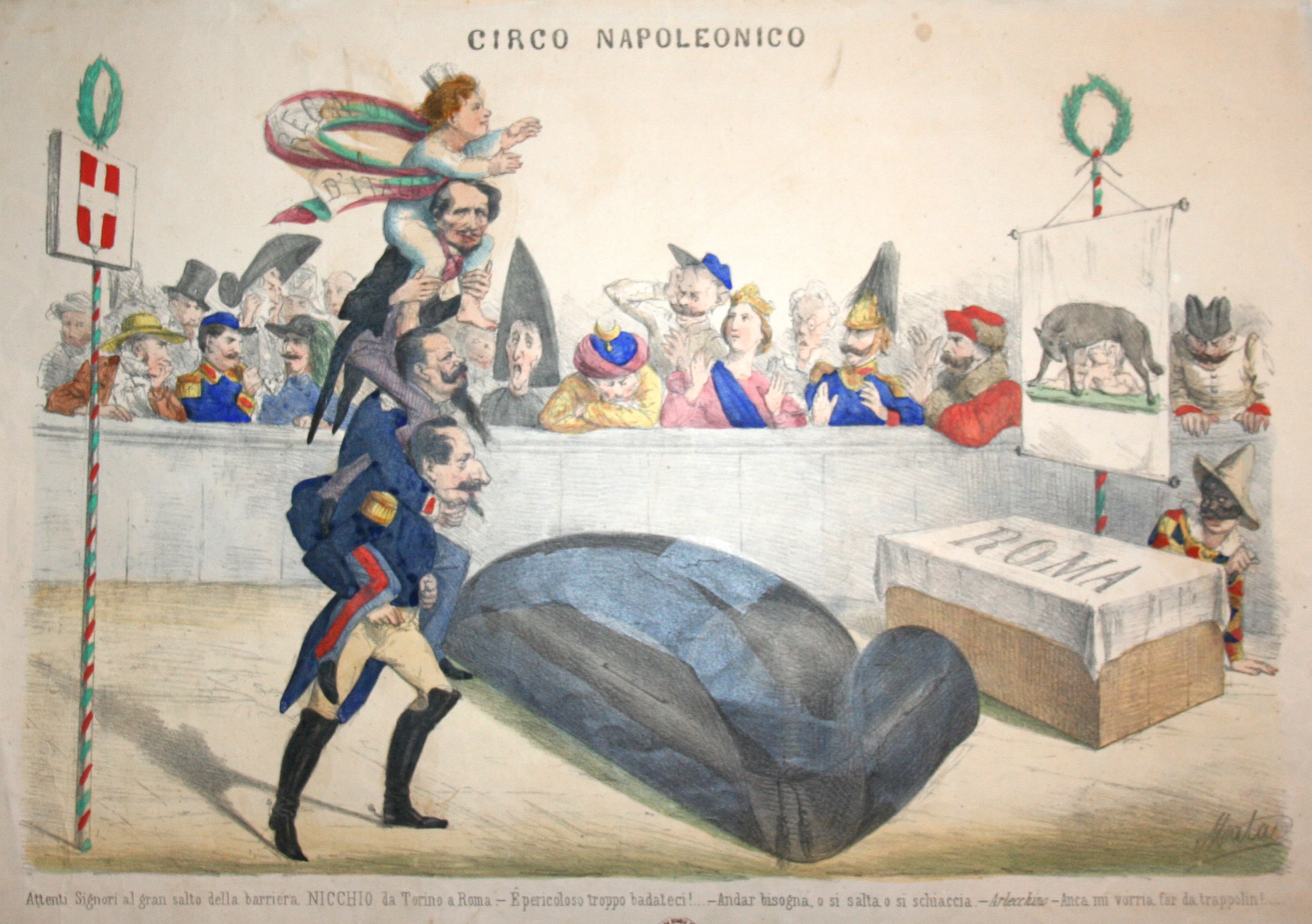 Disegno satirico sulle difficoltà di coronare il sogno di Roma Capitale. 1865-1869