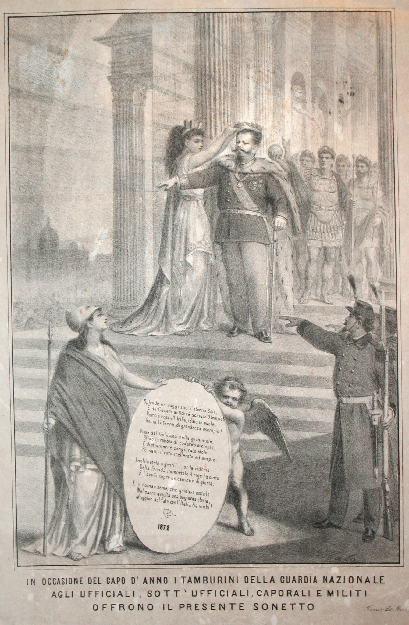 Incisione allegorica sulla proclamazione di Roma capitale d’Italia. 1871