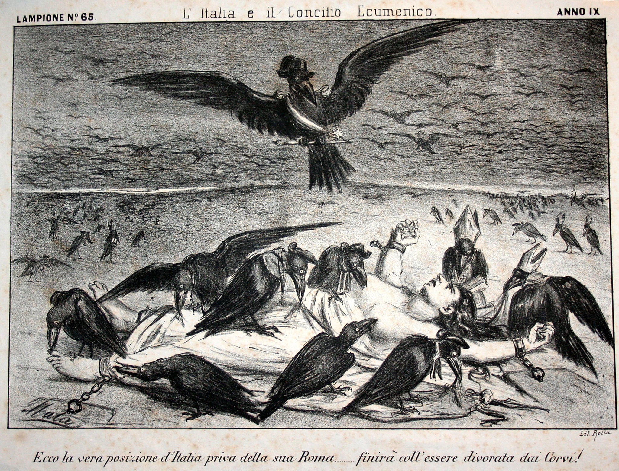 Disegno satirico pubblicato su “Il Lampione” contro il potere temporale. 1868-1870