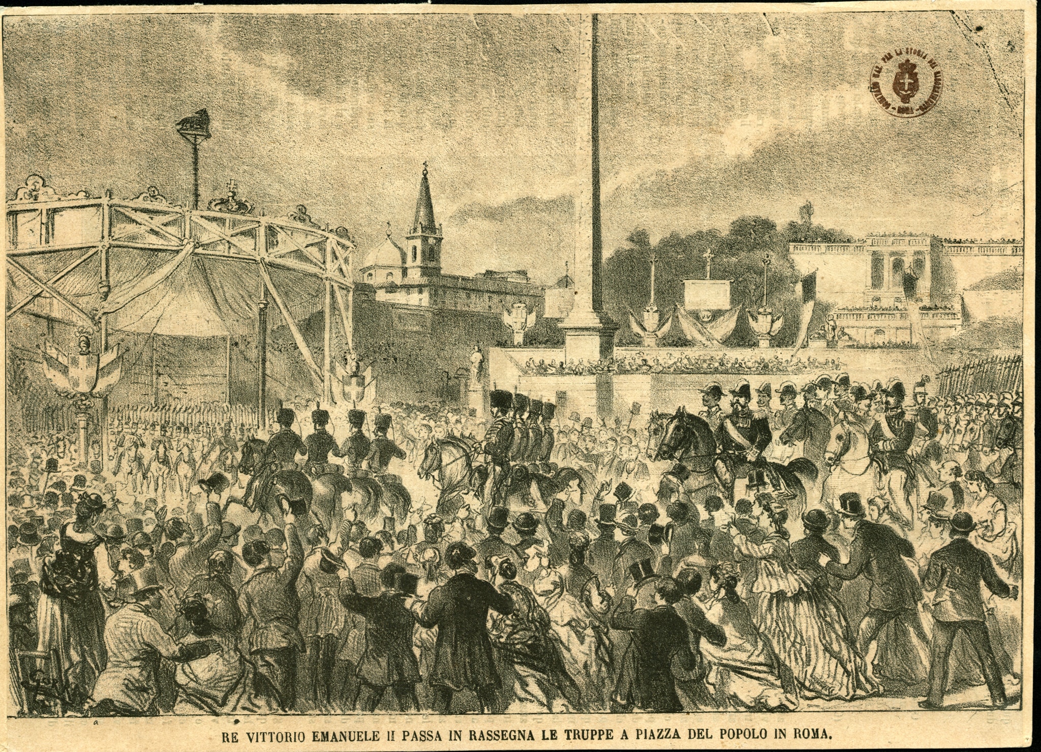 Incisione raffigurante Vittorio Emanuele II che passa in rassegna le truppe a piazza del Popolo il 31 dicembre 1870