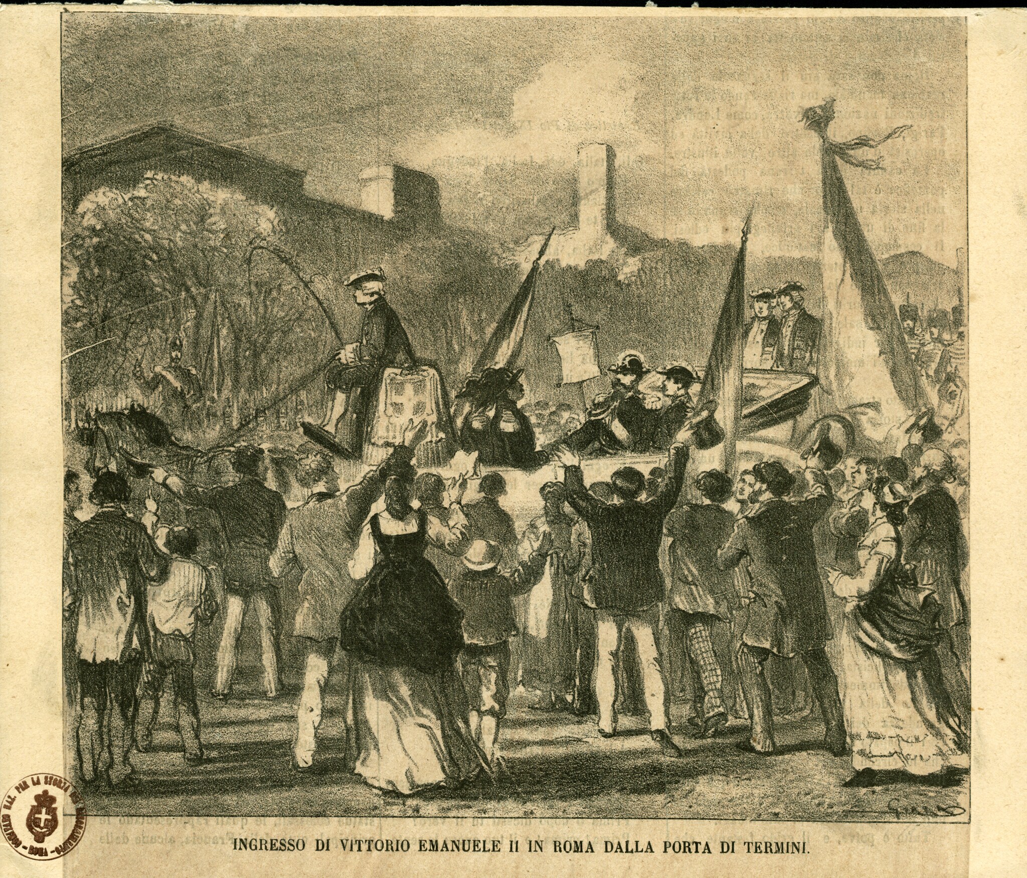 Incisione raffigurante l’ingresso di Vittorio Emanuele II a Porta Termini a Roma il 30 dicembre 1870