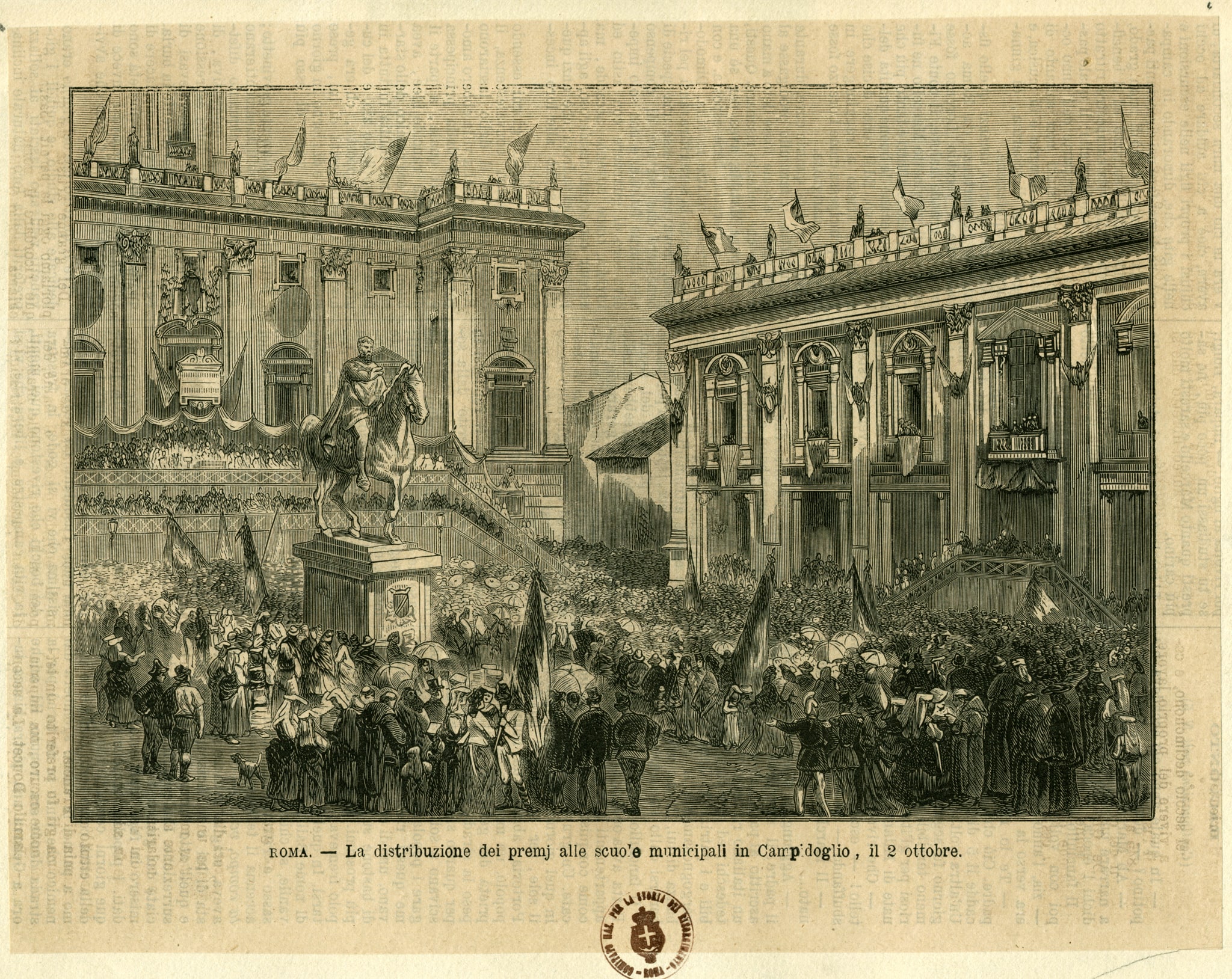 Incisione raffigurante la premiazione degli studenti sul Campidoglio a Roma. 2 Ottobre 1871