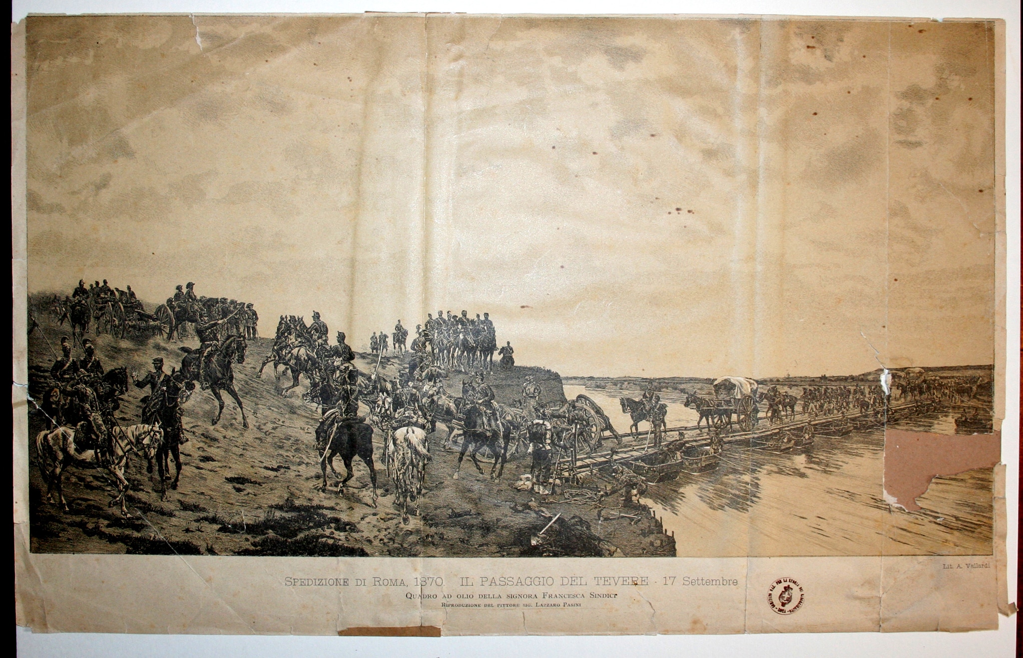 Spedizione di Roma 1870. Il passaggio del Tevere. 17 settembre - Incisione da un dipinto di Francesca Sindici