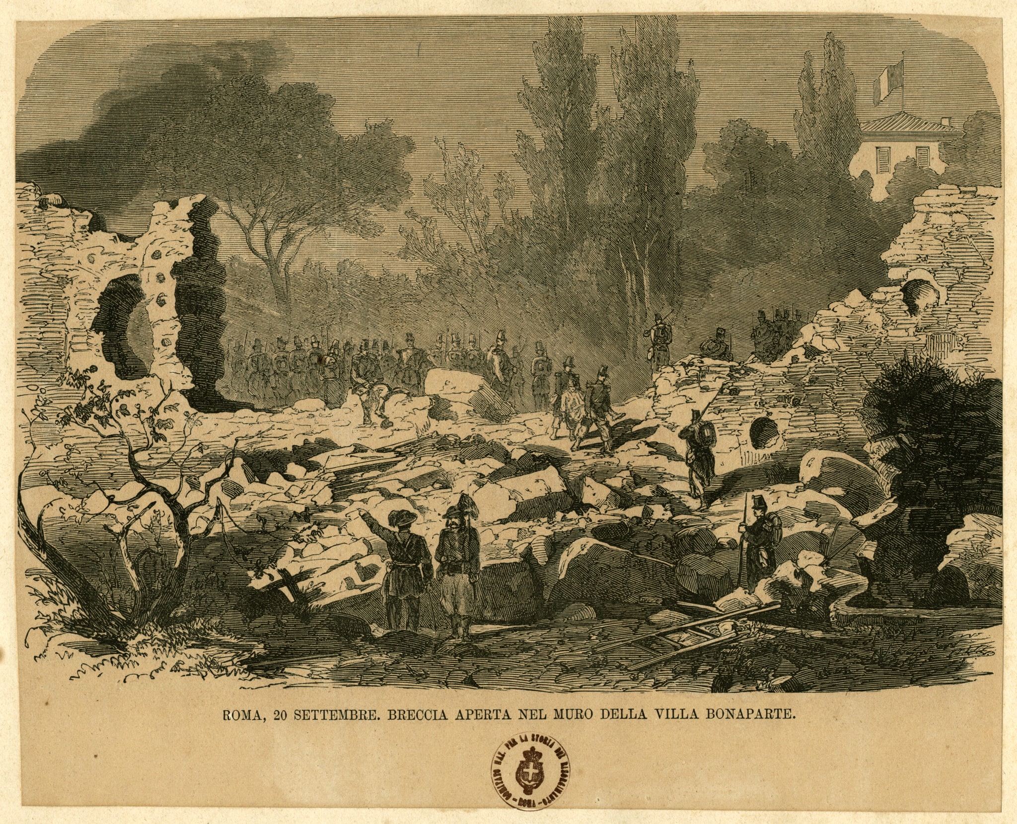 Incisione raffigurante la breccia aperta nel muro il Villa Bonaparte il 20 settembre 1870