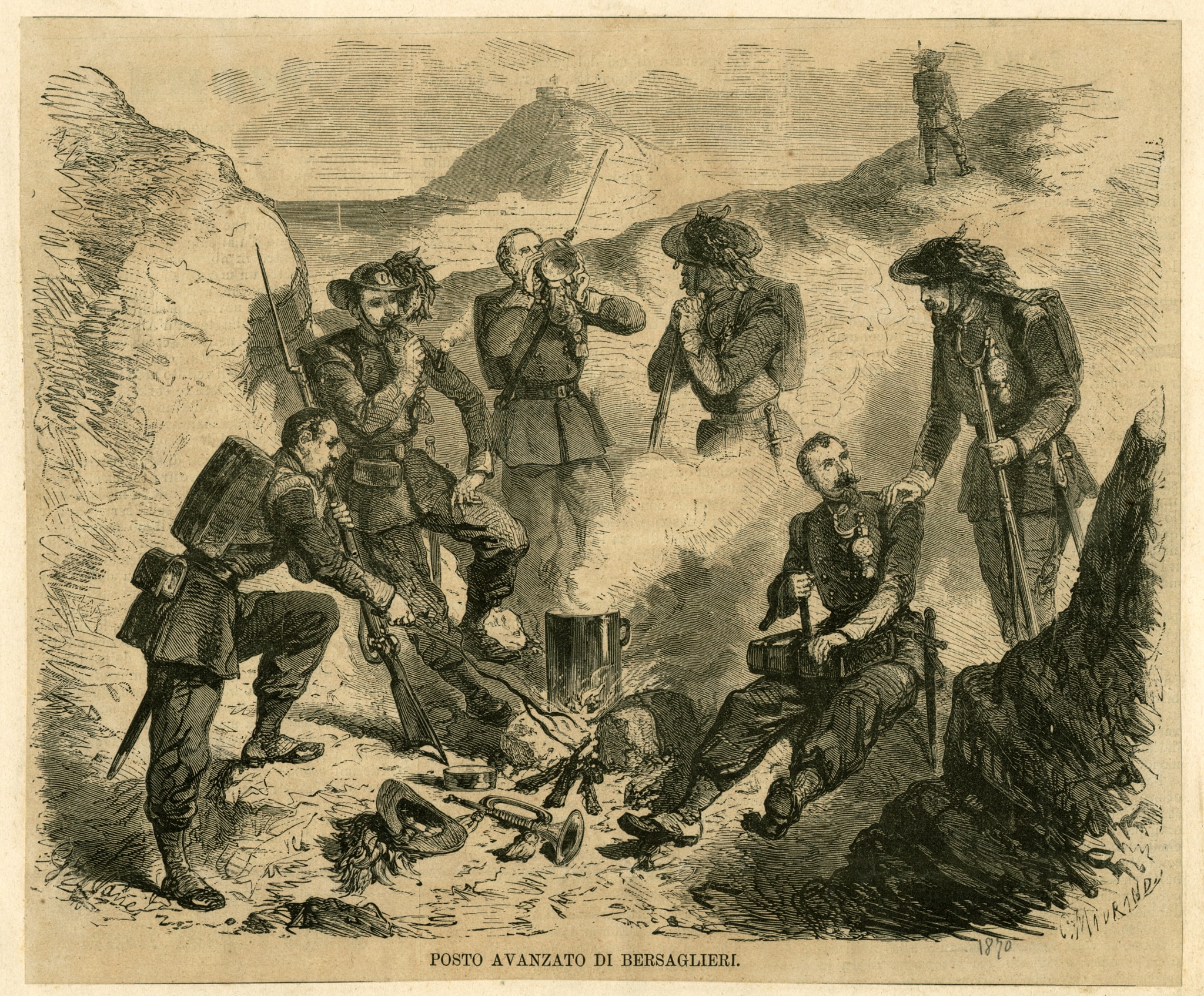 Incisione raffigurante un posto avanzato di bersaglieri nel settembre 1870