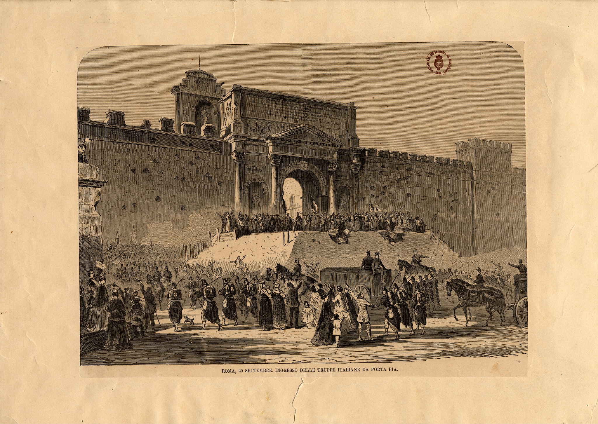 Incisione raffigurante l’ingresso delle truppe italiane da Porta Pia il 20 settembre 1870
