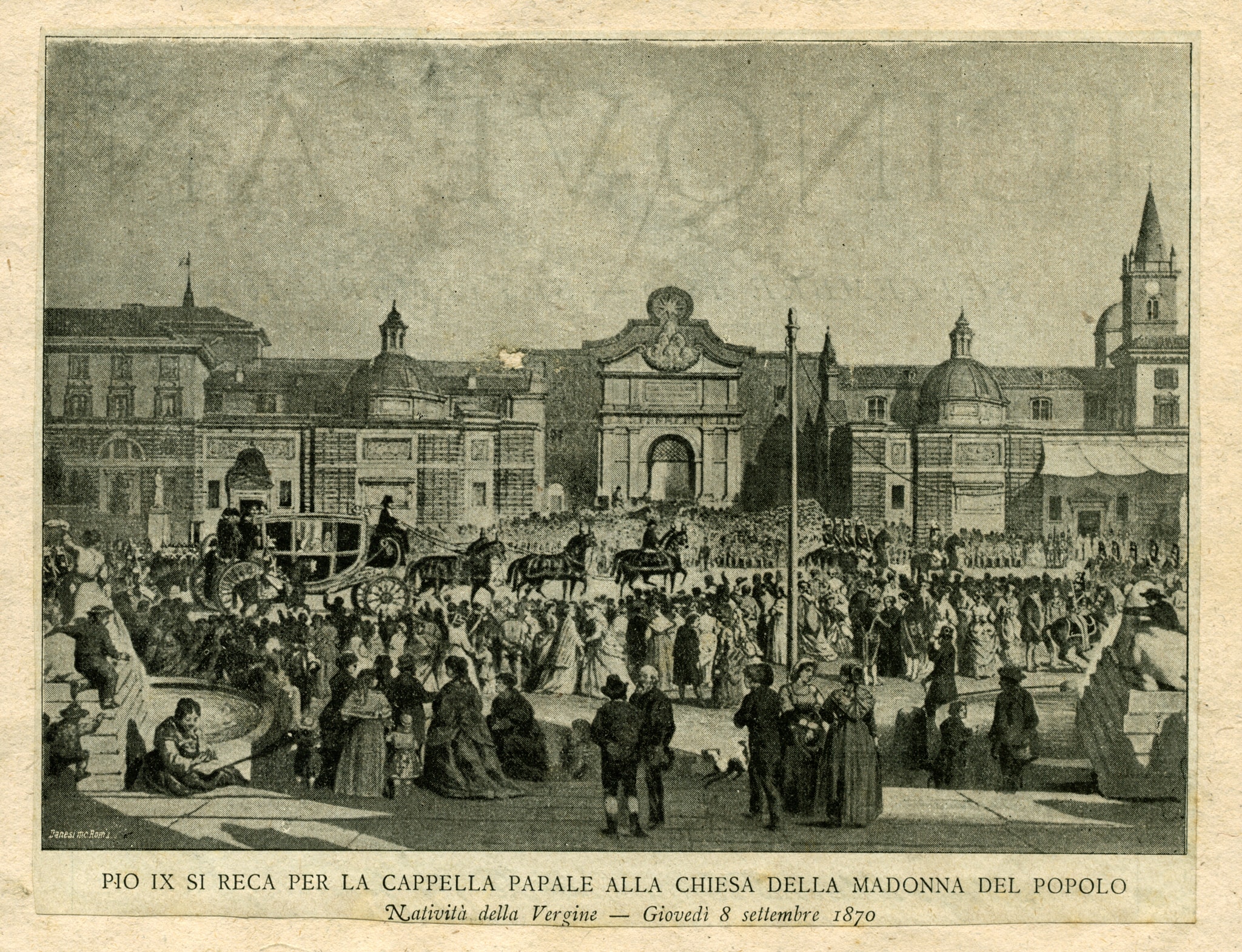 Incisione raffigurante Pio IX che si reca per la Cappella Papale alla chiesa della Madonna del Popolo l’8 settembre 1870
