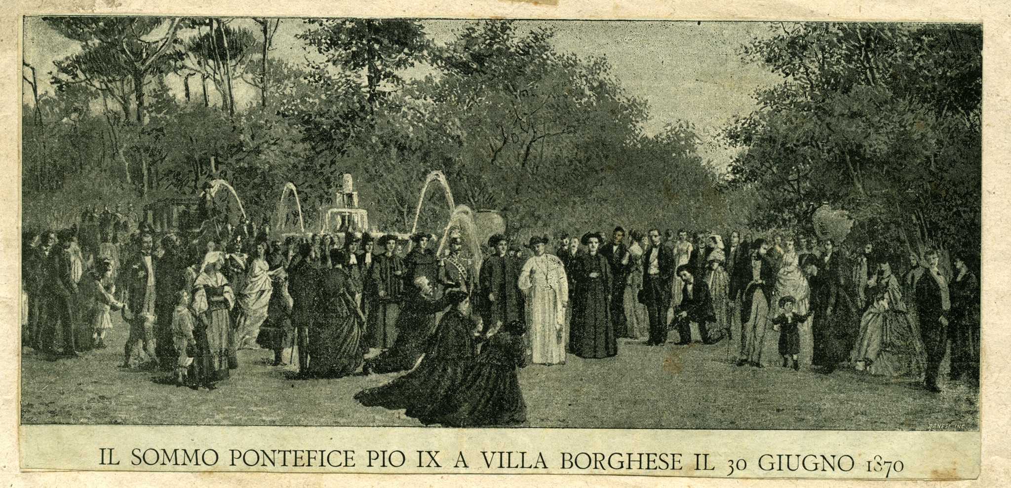 Incisione raffigurante Pio IX nei giardini di Villa Borghese il 30 giugno 1870