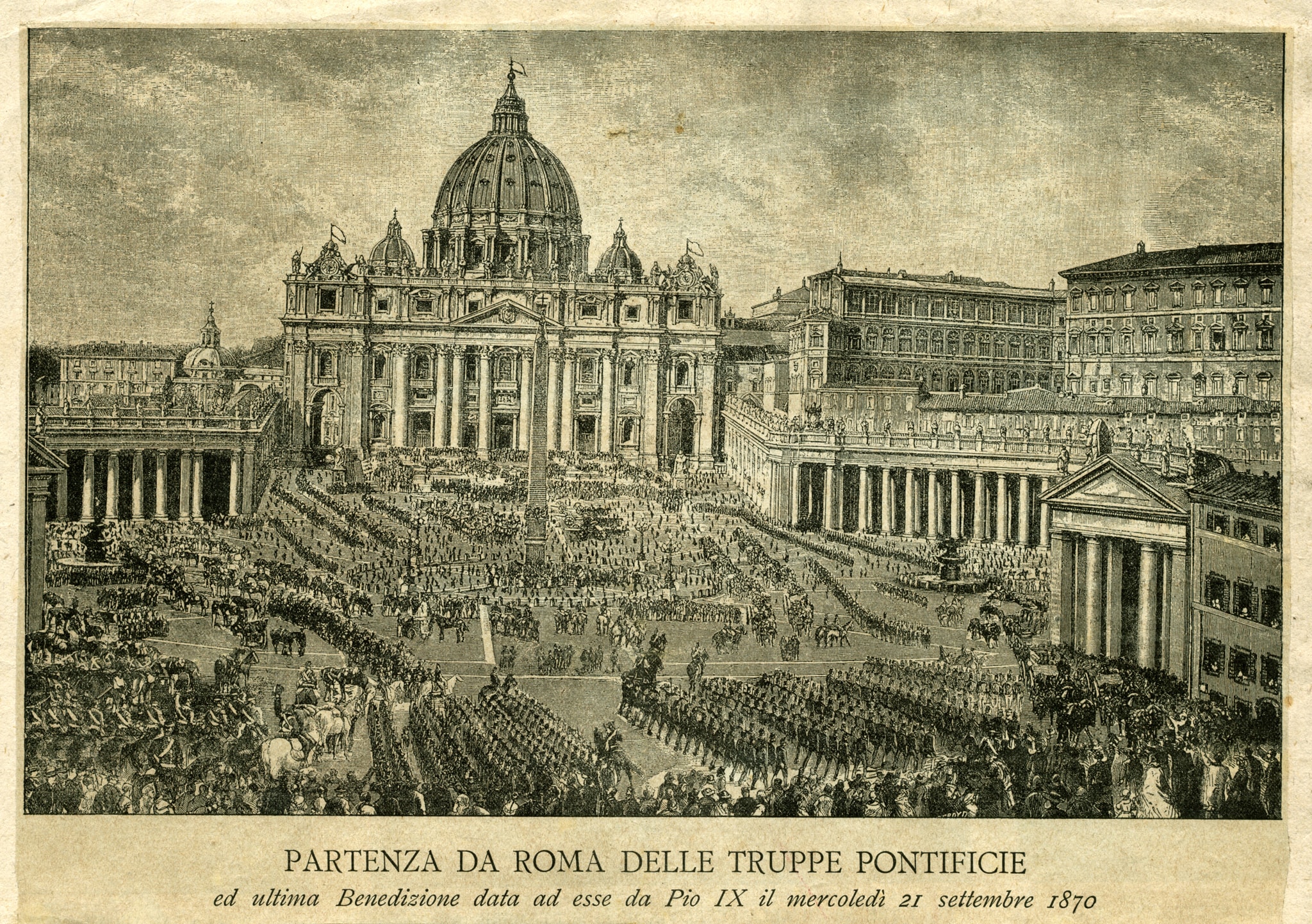 Incisione raffigurante la partenza delle truppe pontificie da Roma e l’ultima benedizione data loro da Pio IX il 21 settembre 1870