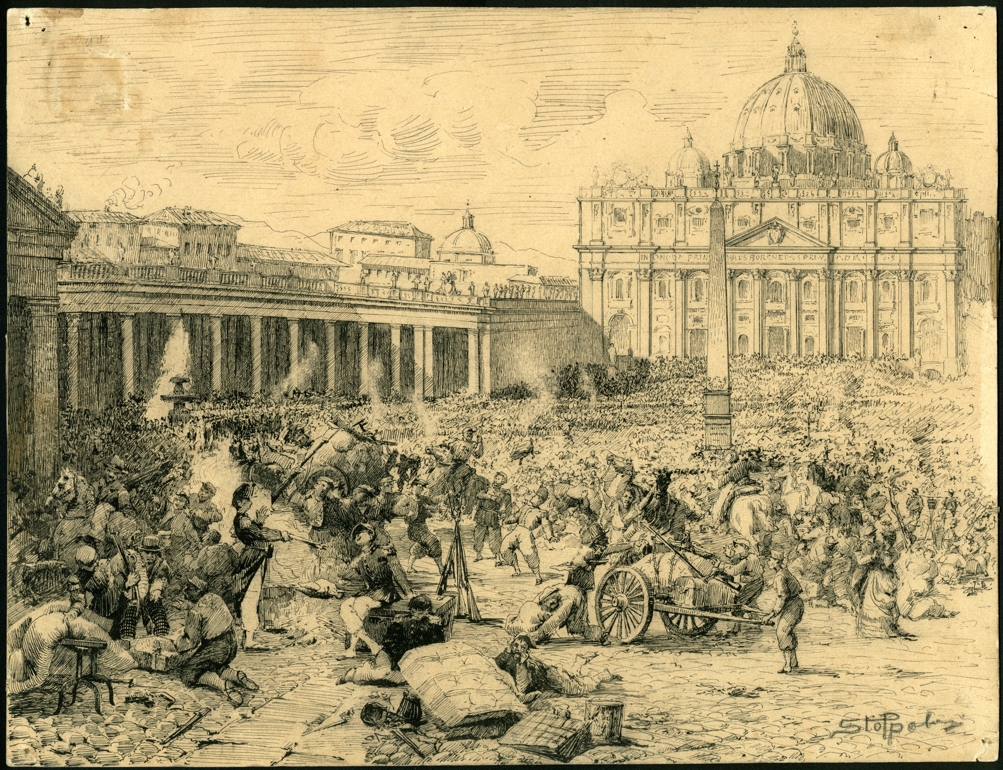 Incisione raffigurante le truppe pontificie accampata in piazza San Pietro il 21 settembre 1870